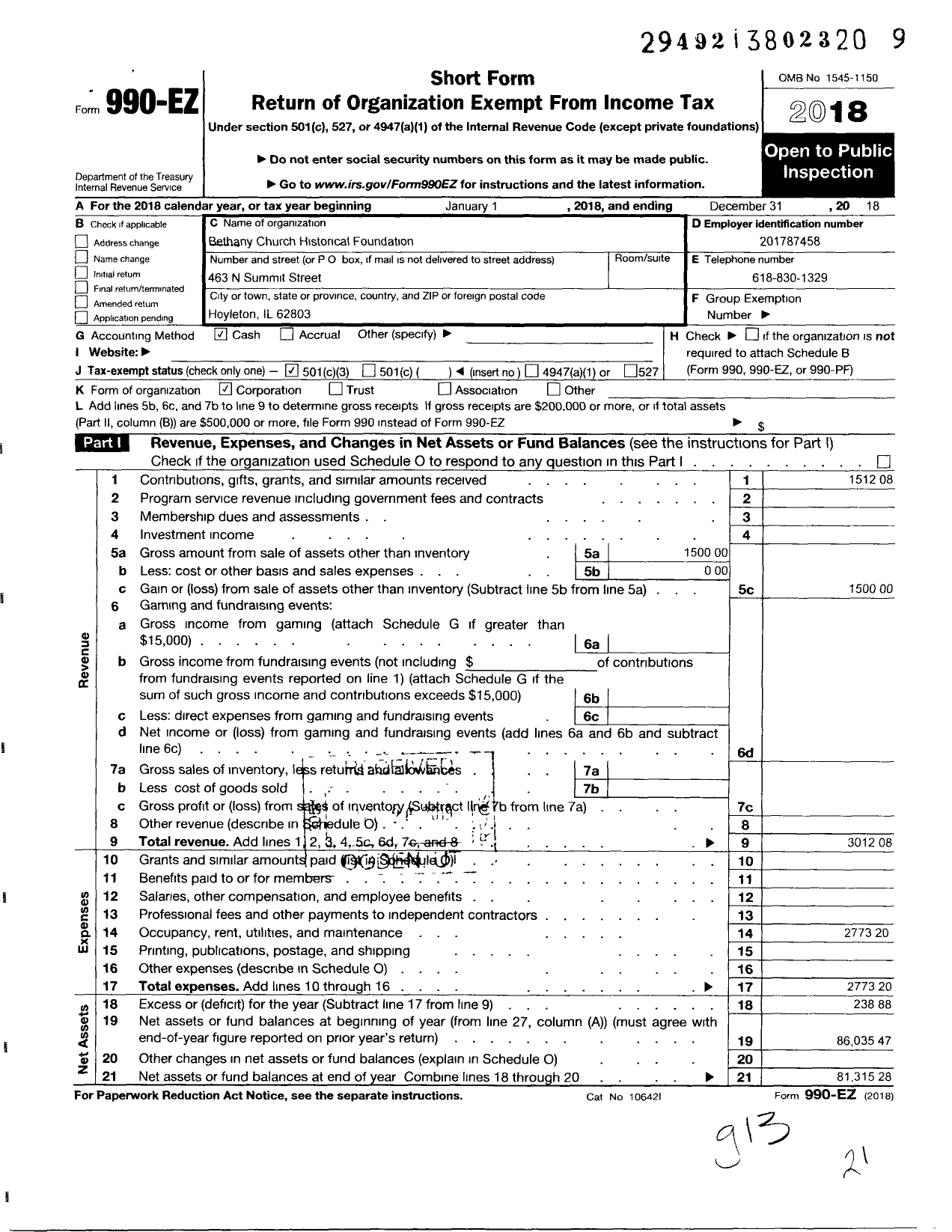 Image of first page of 2018 Form 990EZ for Bethany Church Historical Foundation