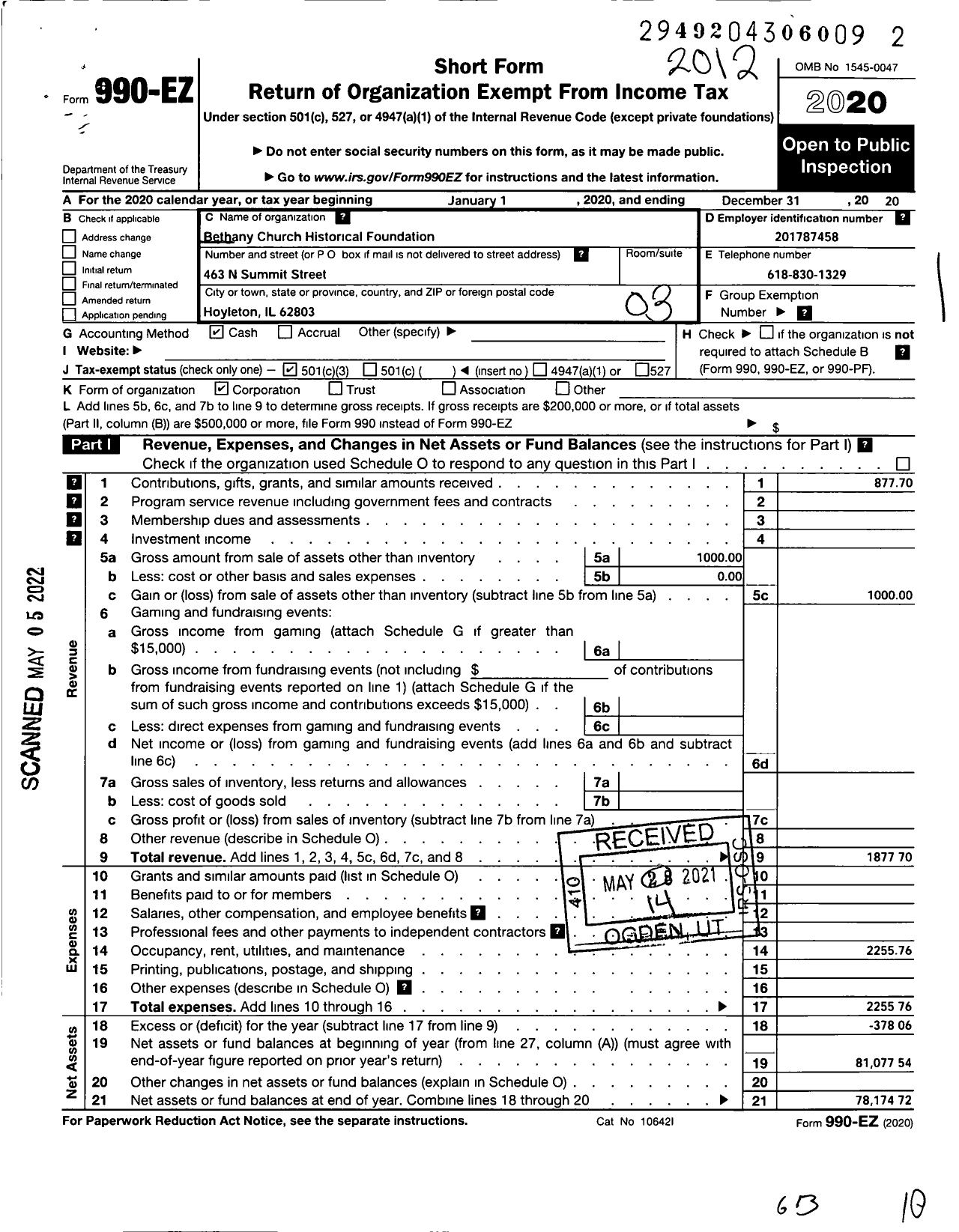 Image of first page of 2020 Form 990EZ for Bethany Church Historical Foundation