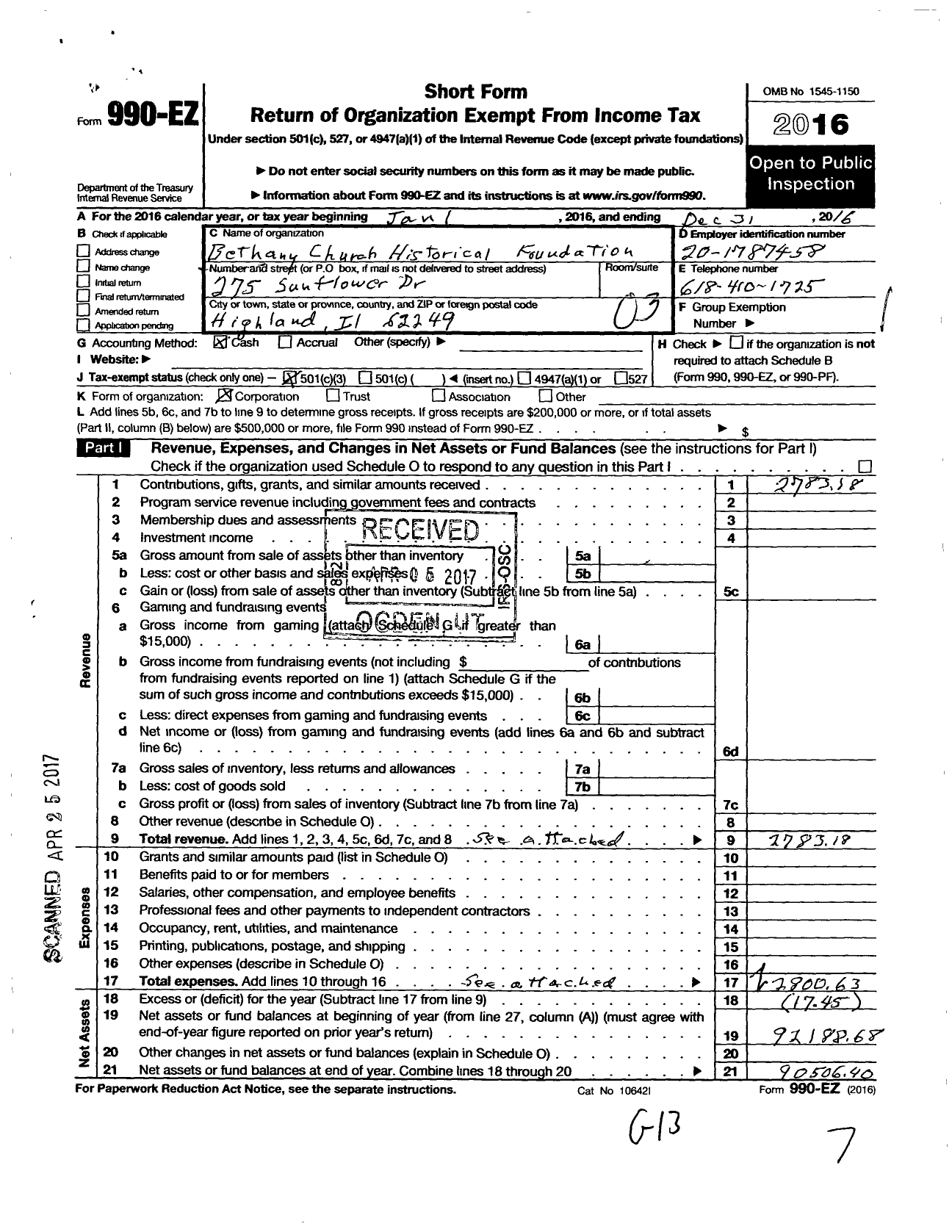 Image of first page of 2016 Form 990EZ for Bethany Church Historical Foundation