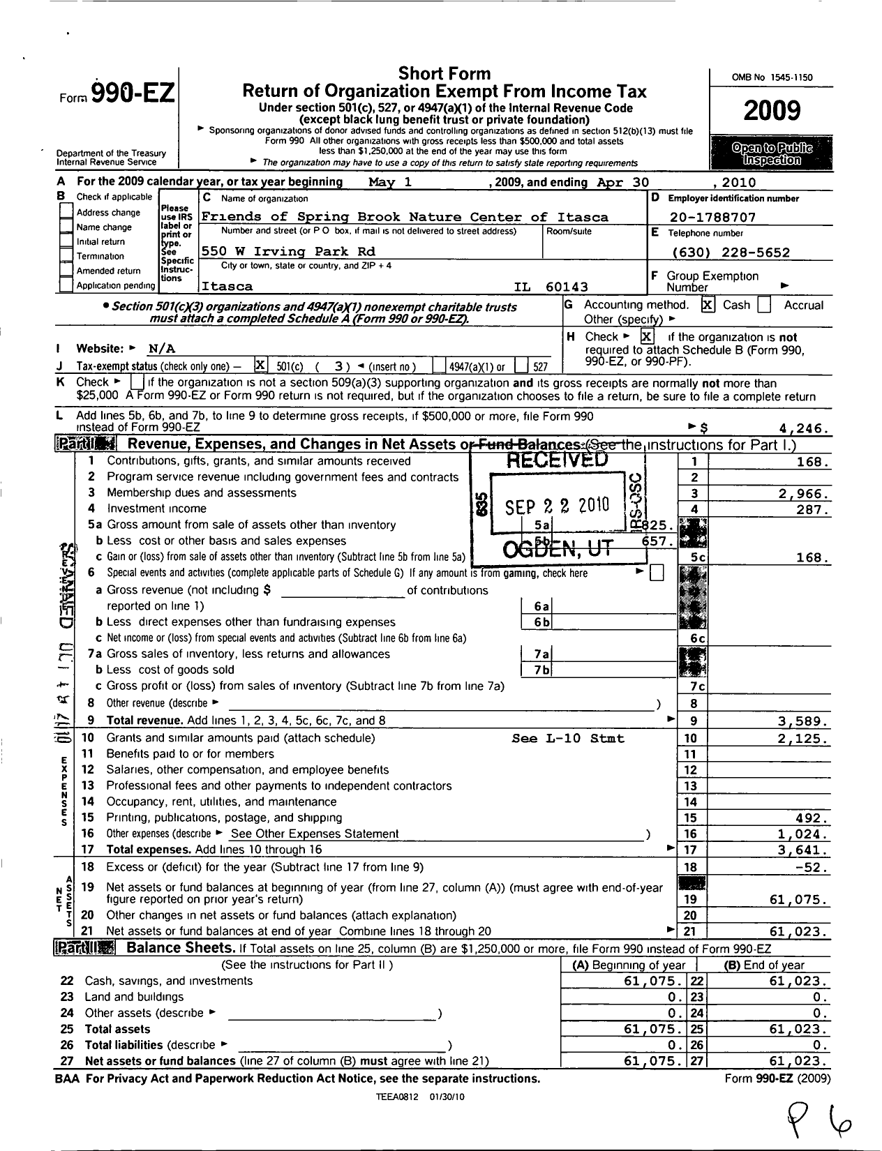 Image of first page of 2009 Form 990EZ for Friends of Spring Brook Nature Center of Itasca