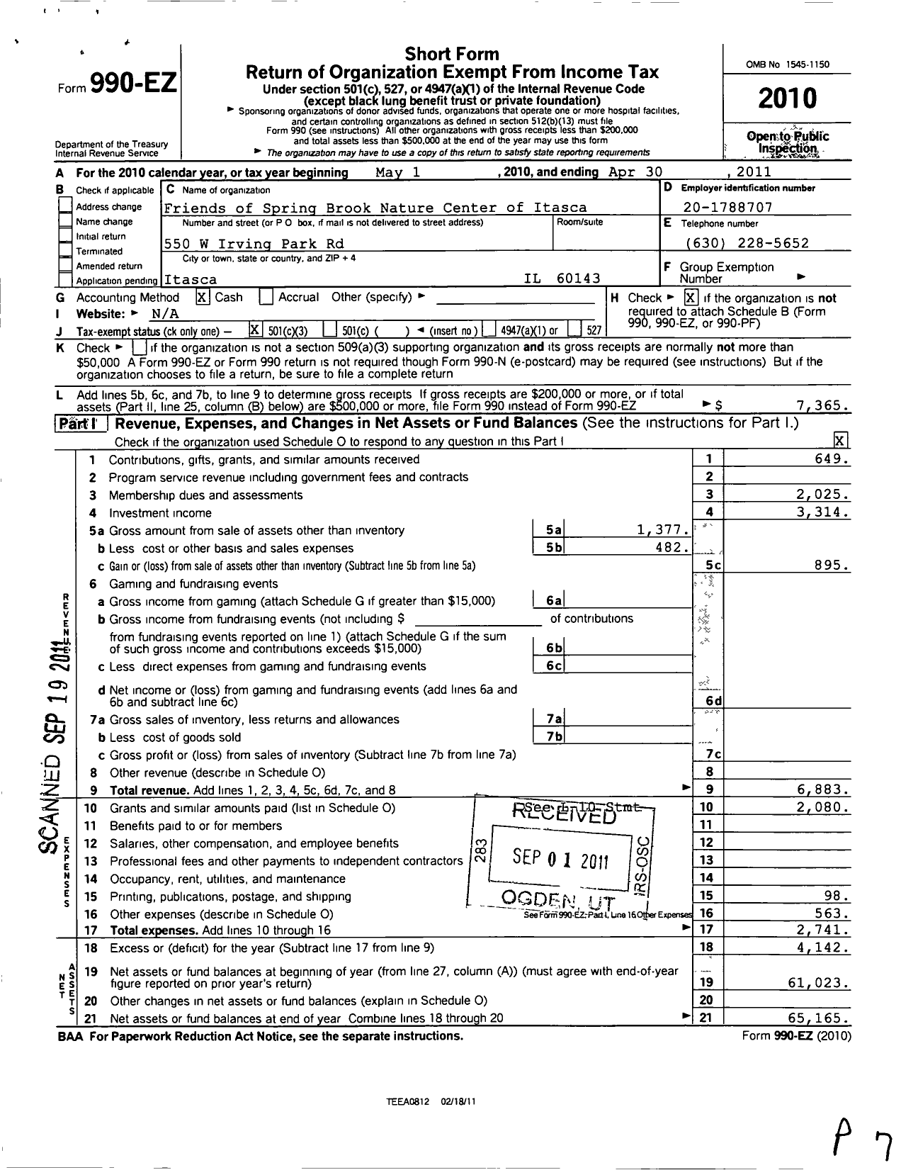 Image of first page of 2010 Form 990EZ for Friends of Spring Brook Nature Center of Itasca