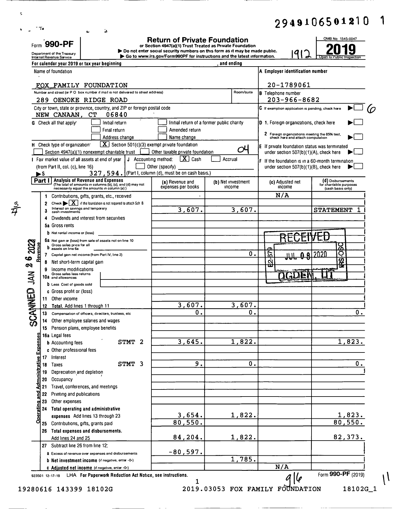 Image of first page of 2019 Form 990PF for Fox Family Foundation