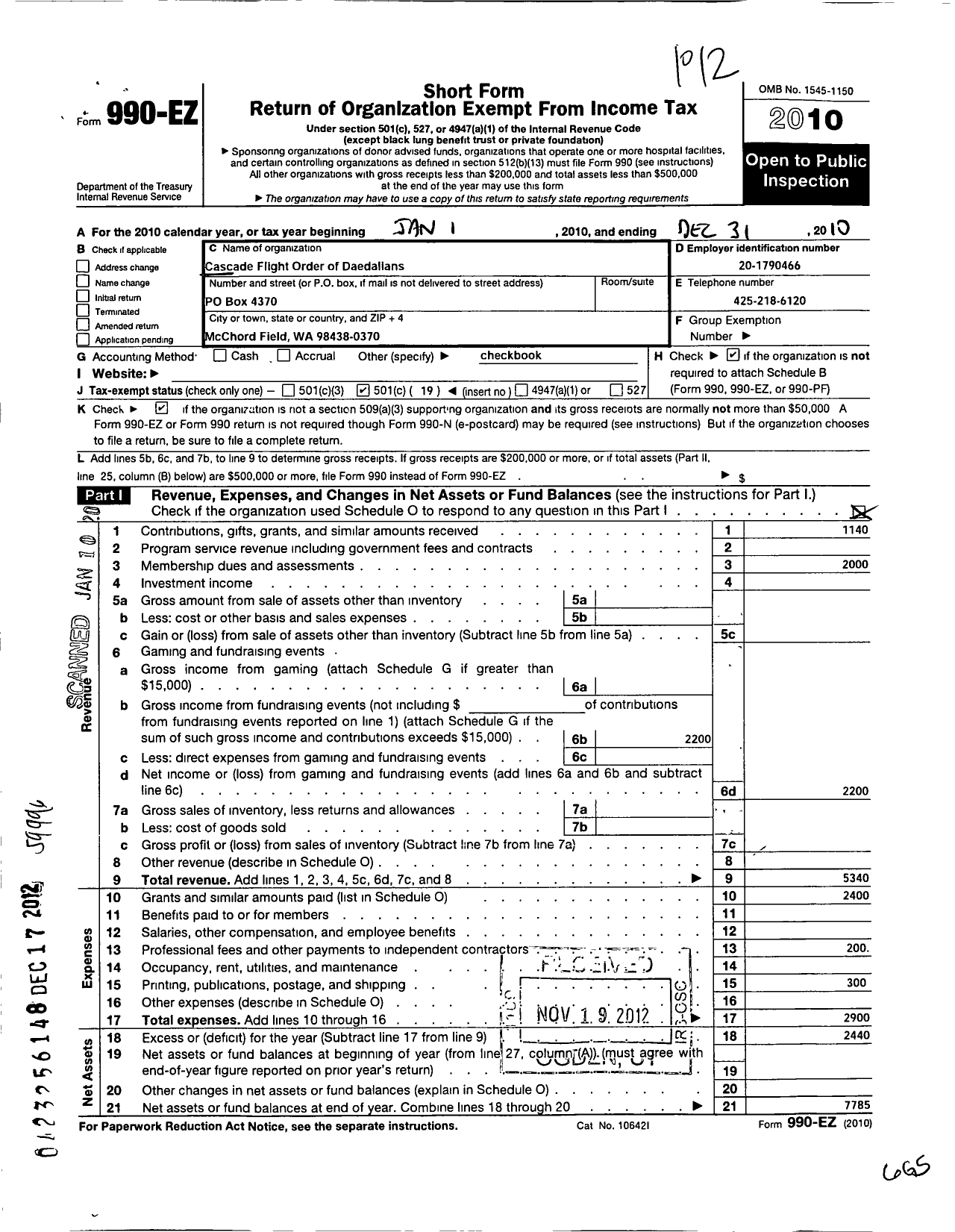 Image of first page of 2010 Form 990EO for Cascade Flight Order of Daedallans