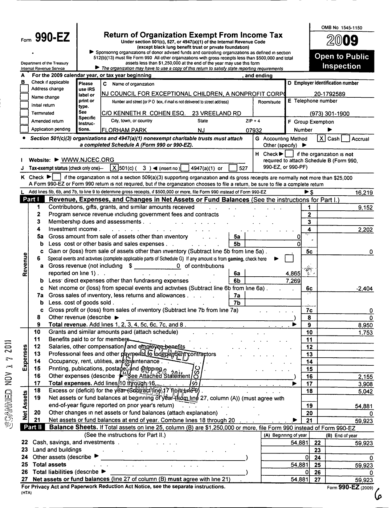 Image of first page of 2009 Form 990EZ for New Jersey Council for Exceptional Children A Non-Profit Corporation