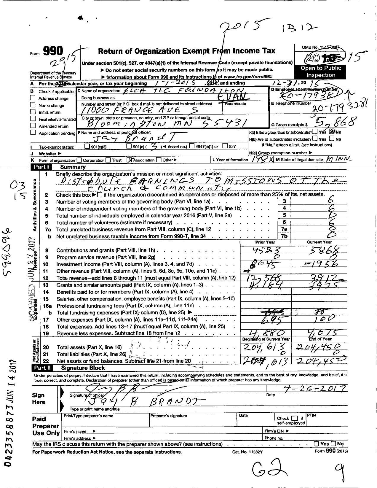 Image of first page of 2015 Form 990 for Evangelical Lutheran Church of the Transfiguration Bloomington MN Foundation