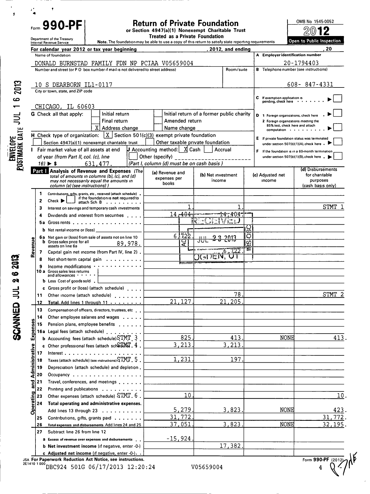 Image of first page of 2012 Form 990PF for Donald Burnstad Family Foundation NP Pciaa