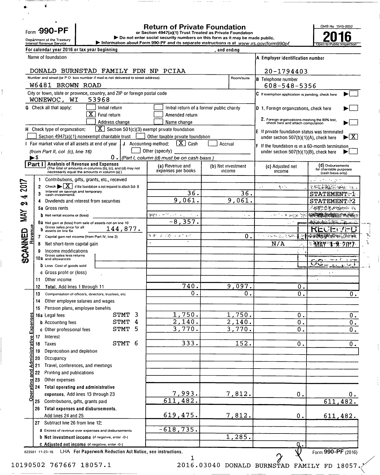 Image of first page of 2016 Form 990PF for Donald Burnstad Family Foundation NP Pciaa