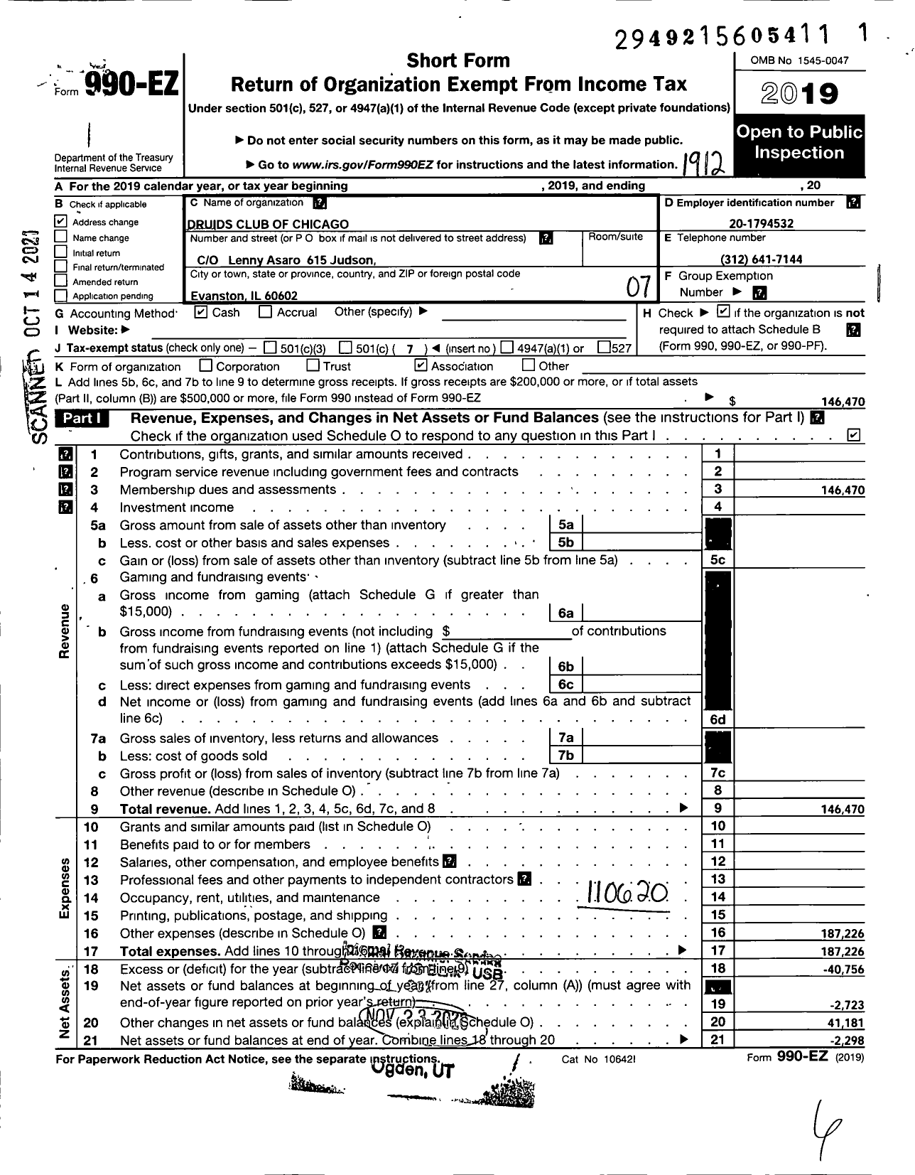 Image of first page of 2019 Form 990EO for Druids Club of Chicago