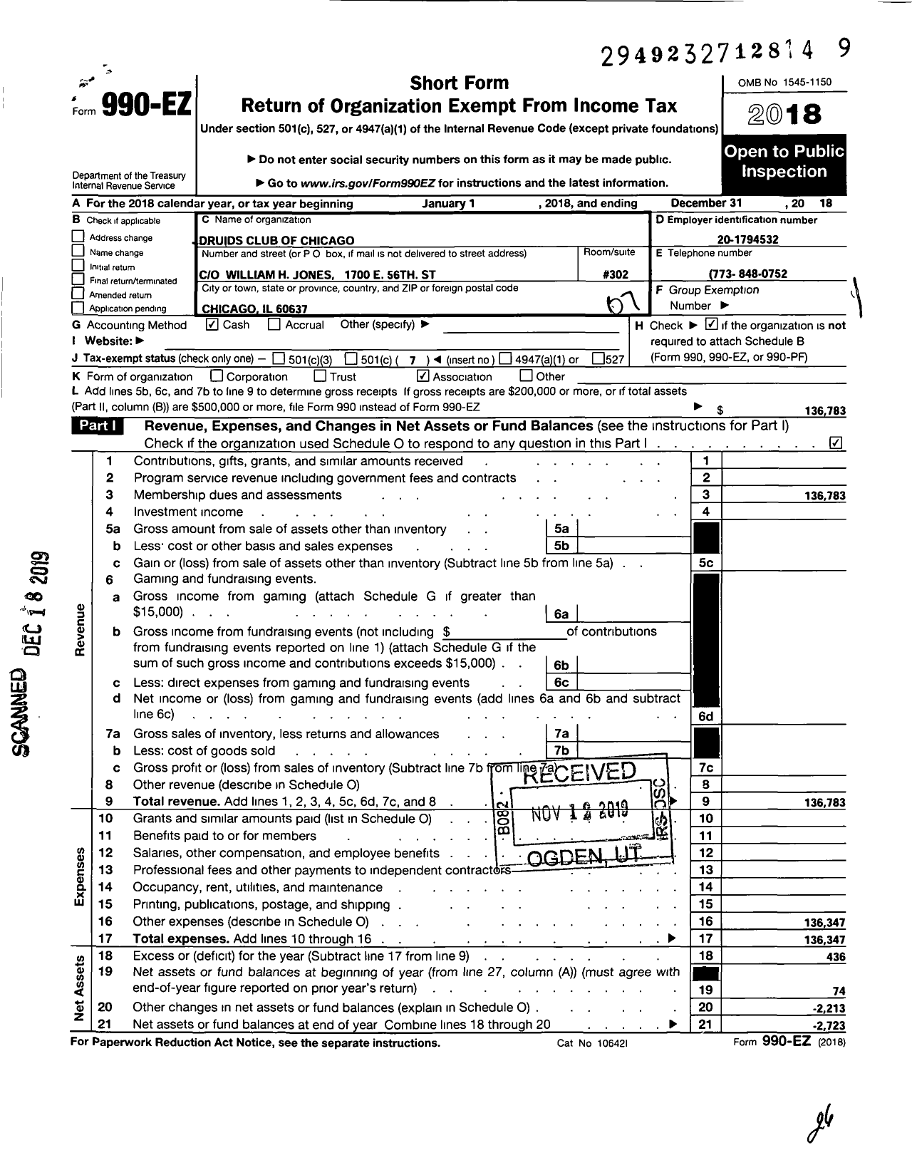 Image of first page of 2018 Form 990EO for Druids Club of Chicago