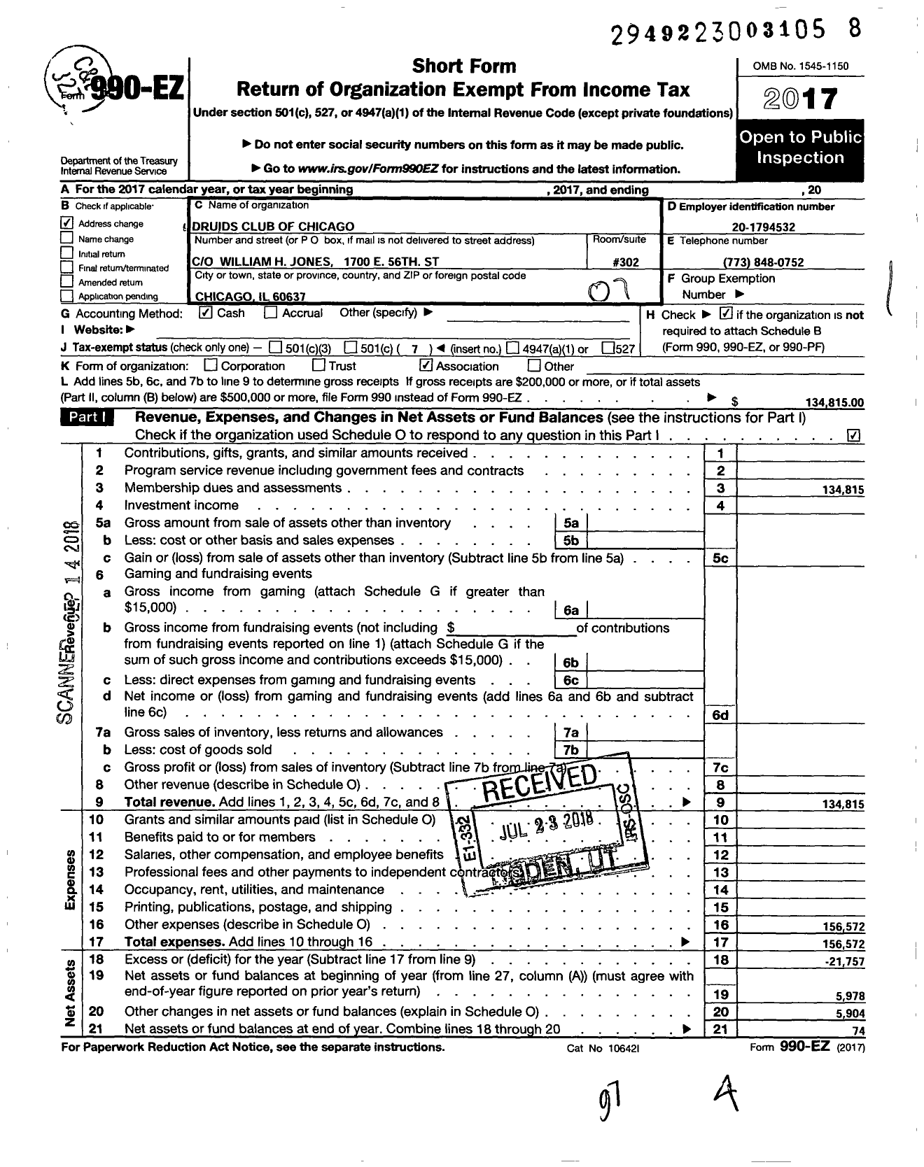 Image of first page of 2017 Form 990EO for Druids Club of Chicago