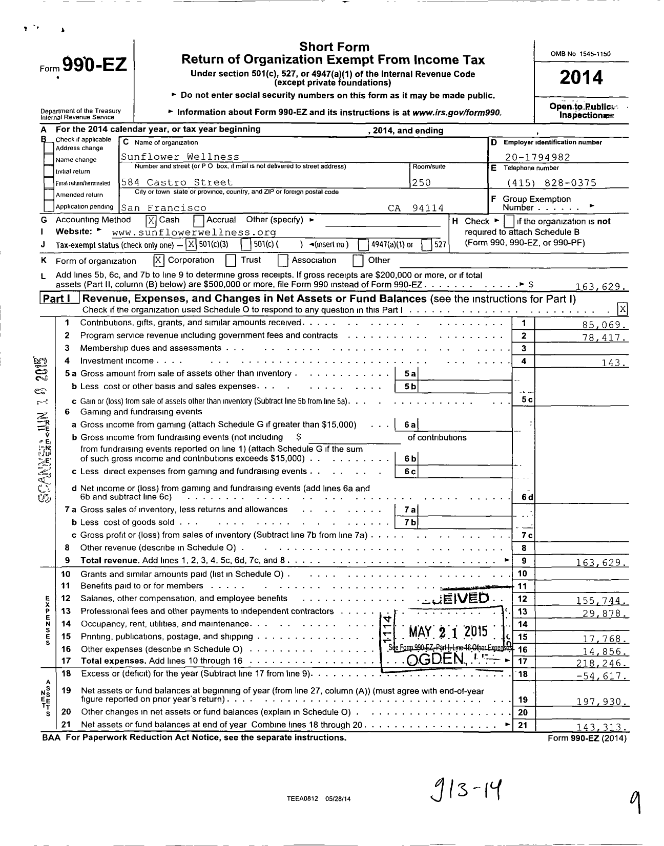 Image of first page of 2014 Form 990EZ for Sunflower Wellness