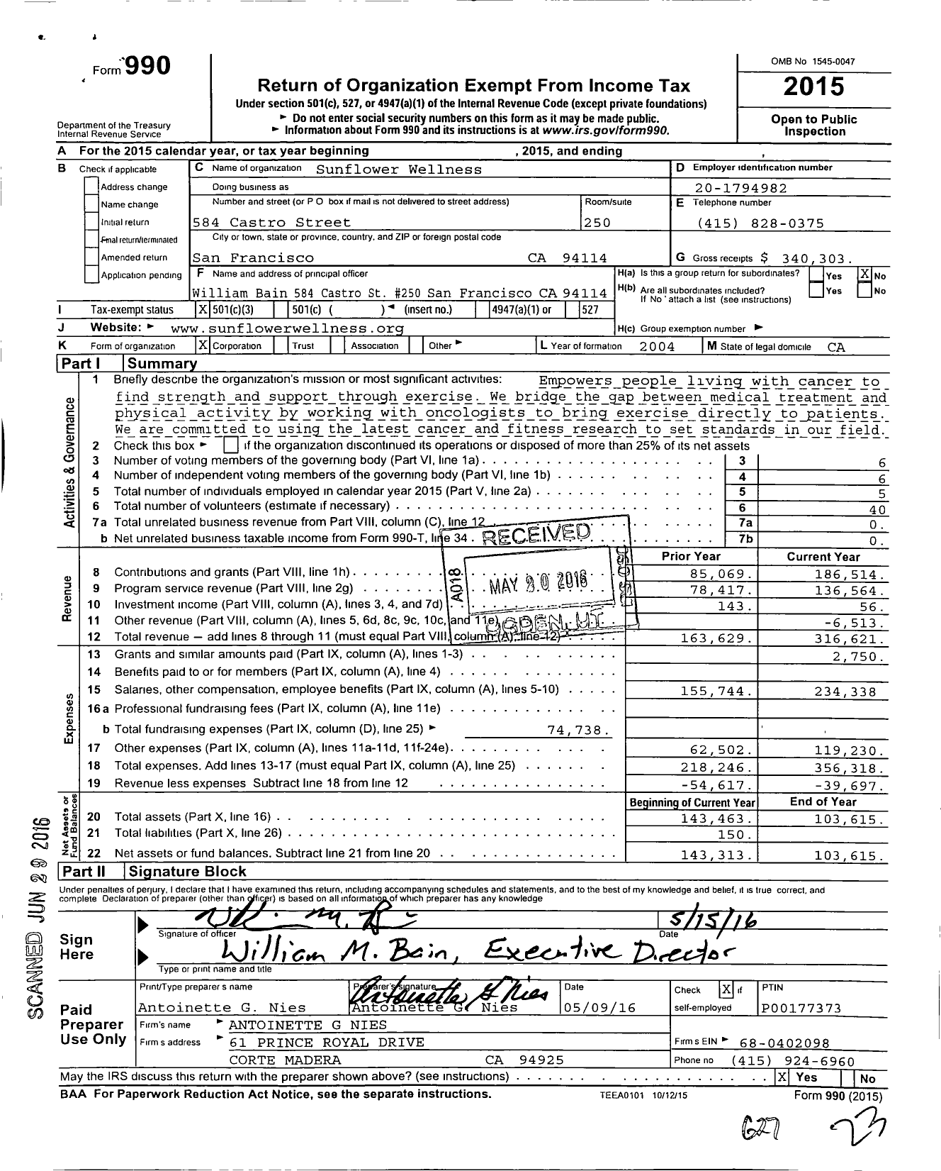 Image of first page of 2015 Form 990 for Sunflower Wellness