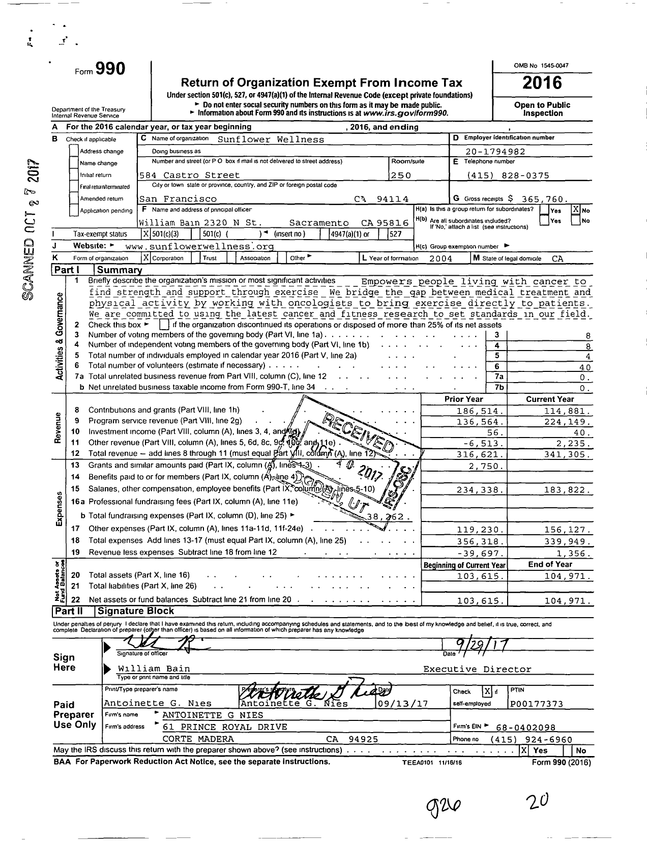 Image of first page of 2016 Form 990 for Sunflower Wellness