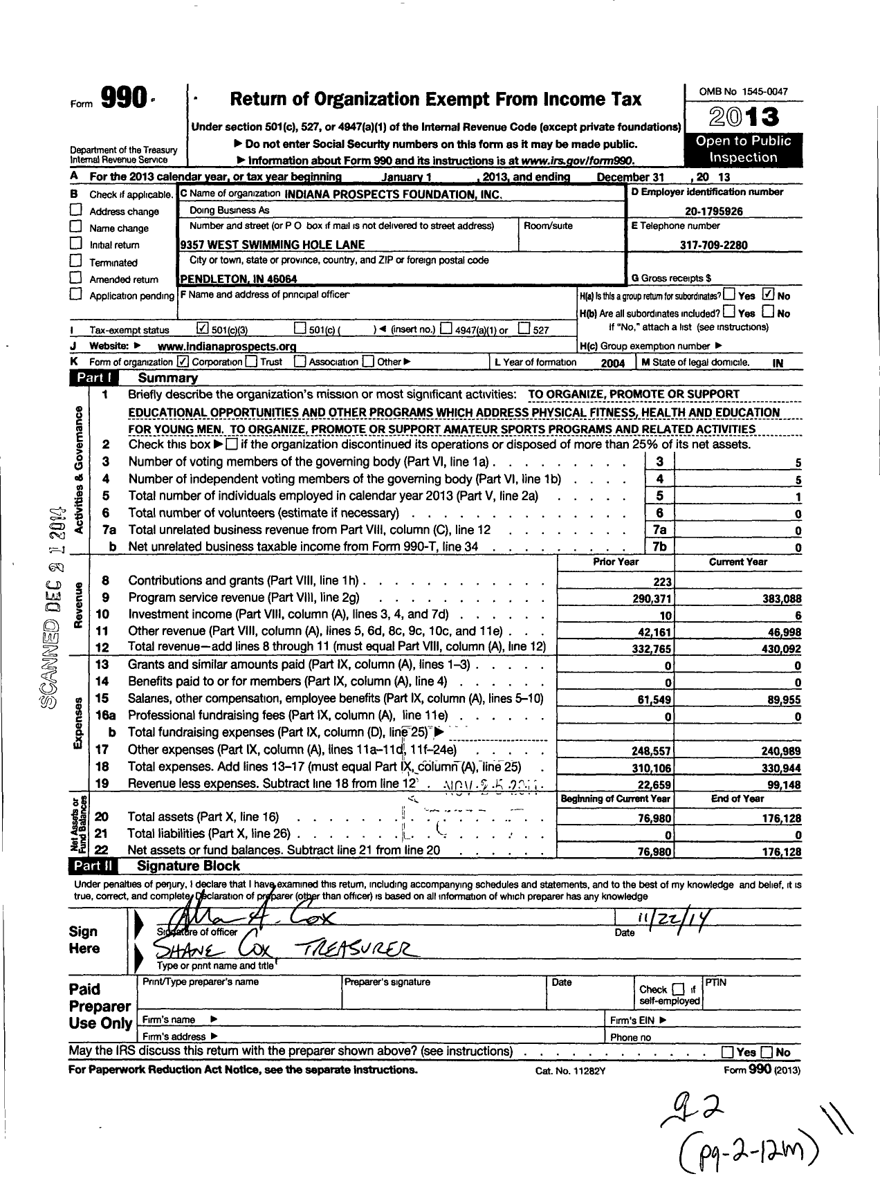 Image of first page of 2013 Form 990 for Indiana Prospects Foundation
