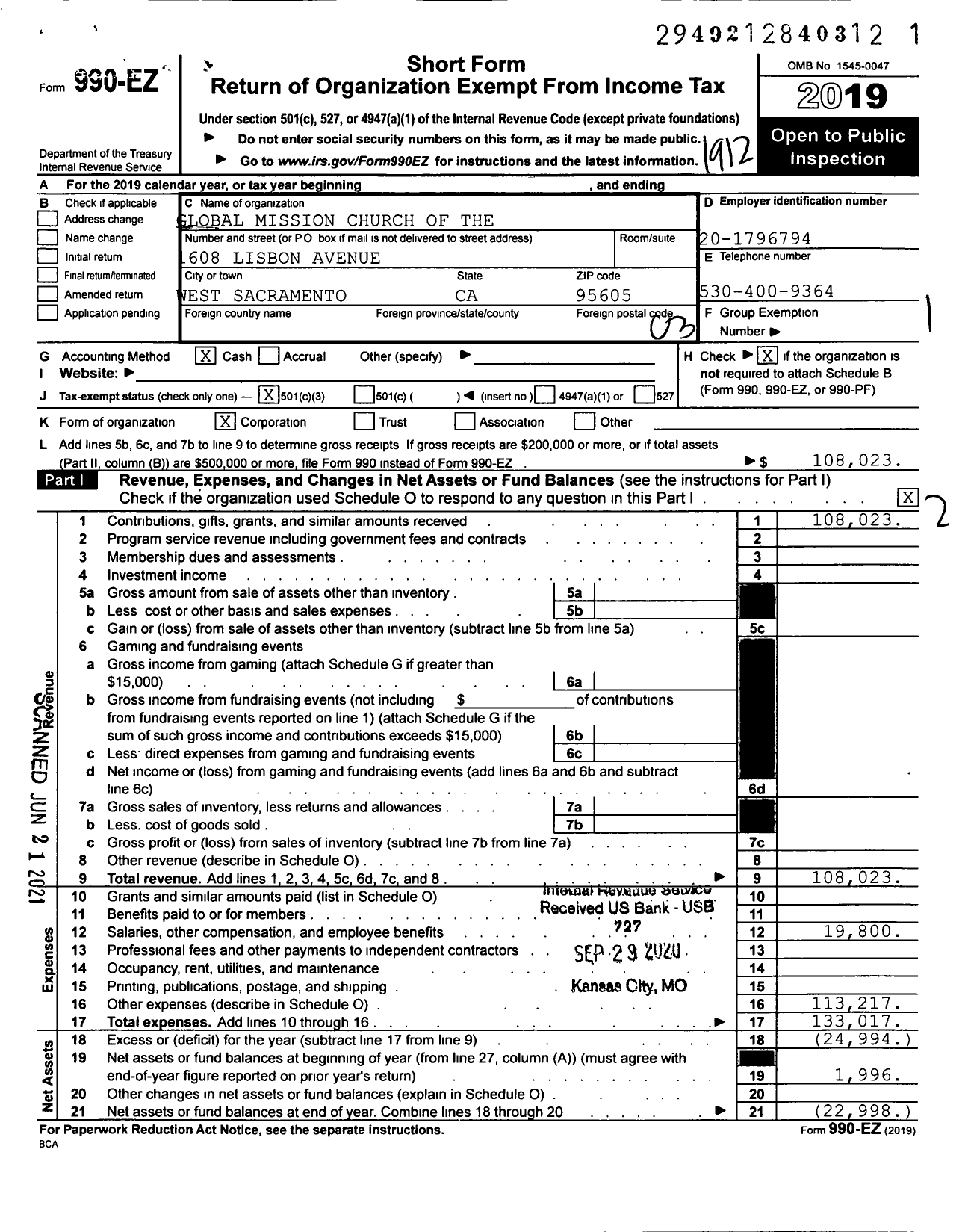 Image of first page of 2019 Form 990EZ for Global Mission Church of the