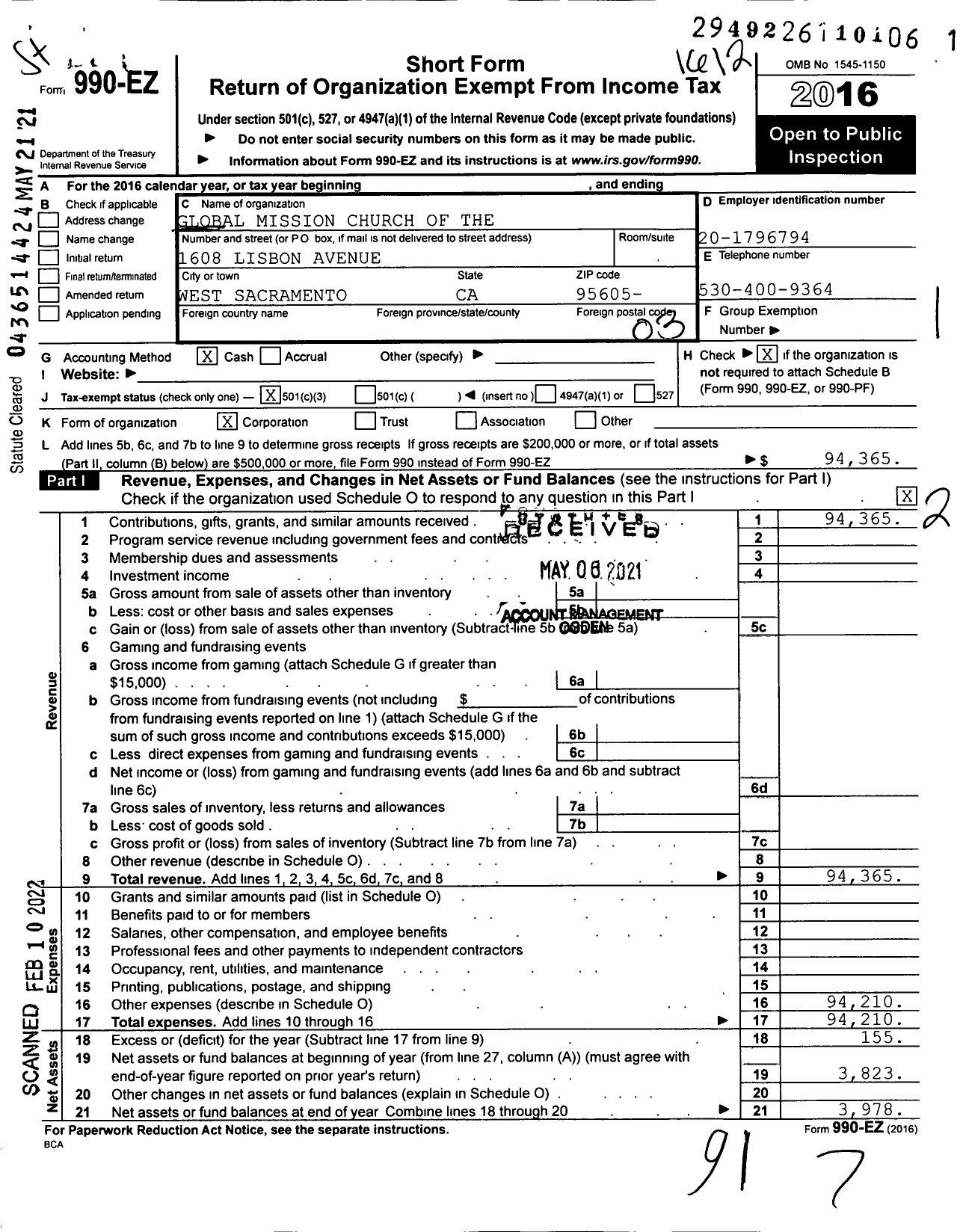 Image of first page of 2016 Form 990EZ for Global Mission Church of the