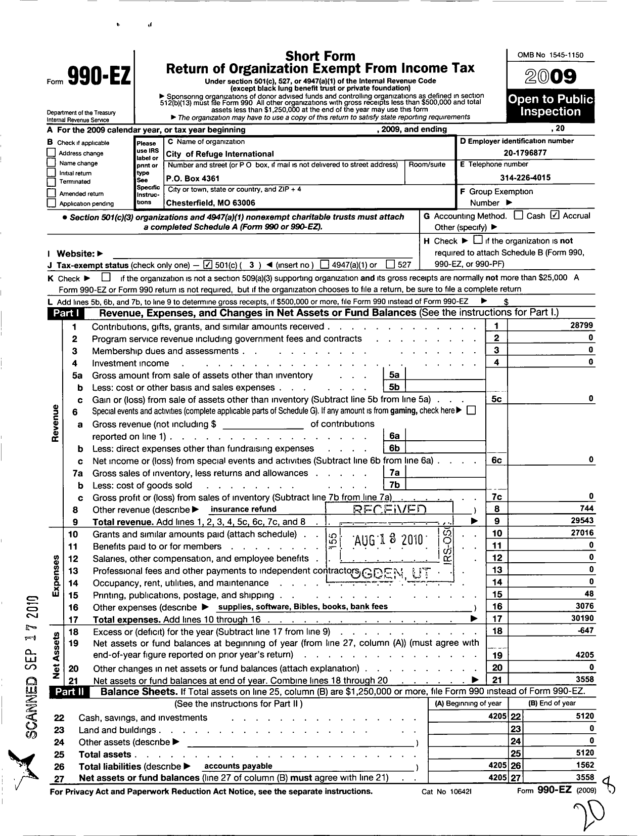 Image of first page of 2009 Form 990EZ for There Is Hope International