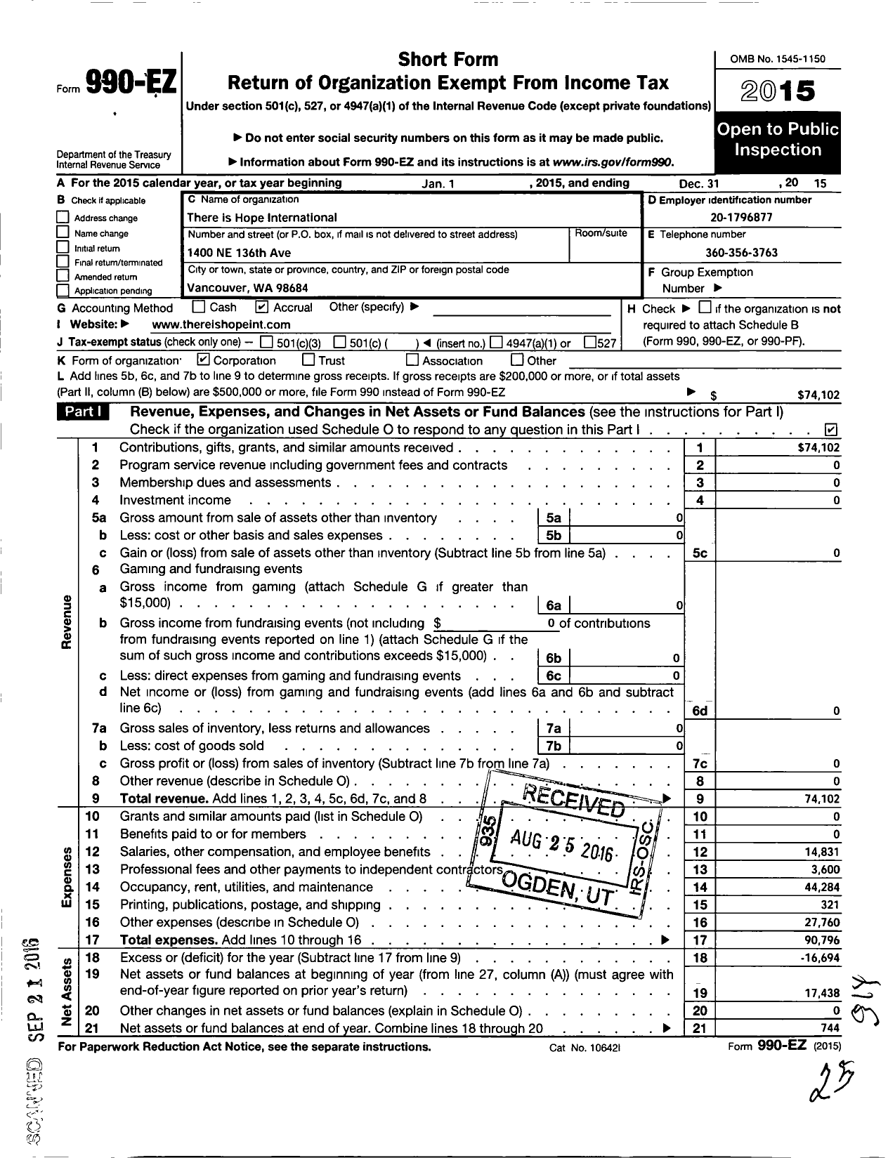 Image of first page of 2015 Form 990EO for There Is Hope International