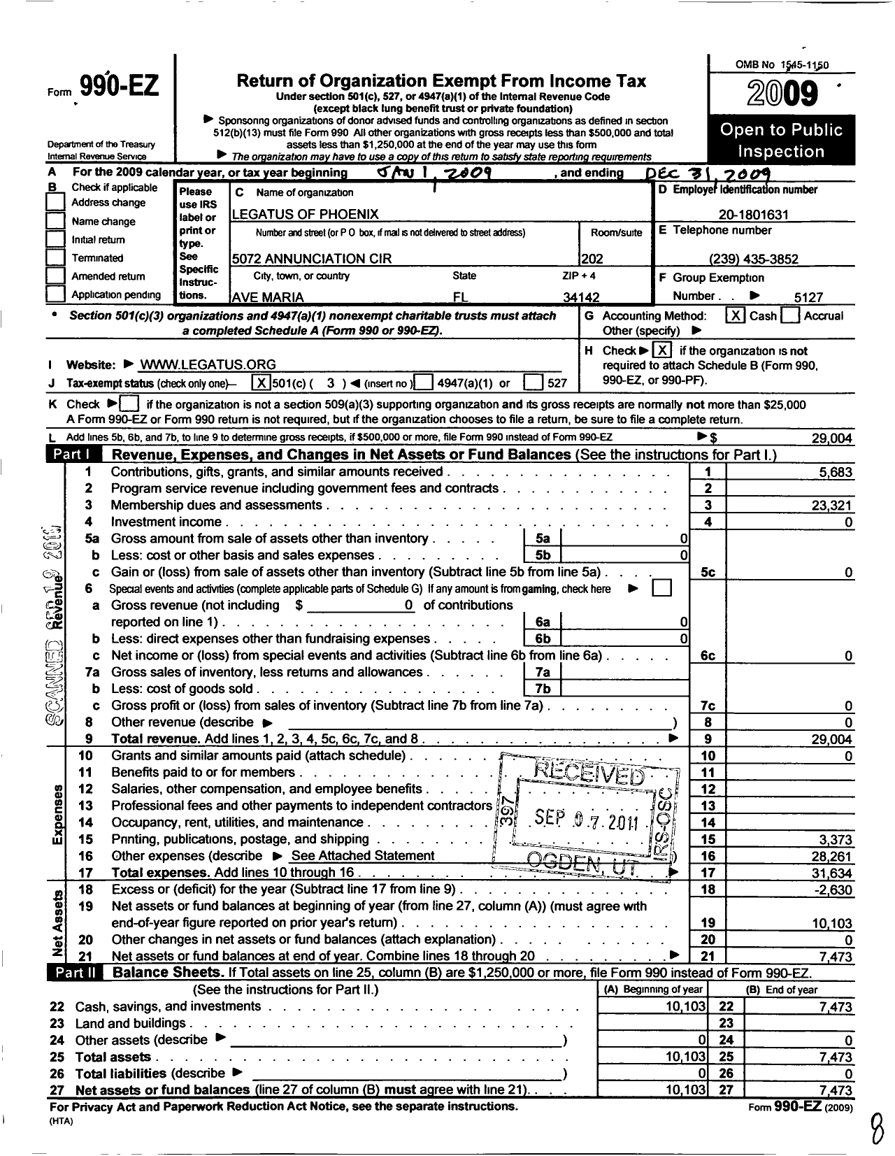 Image of first page of 2009 Form 990EZ for Legatus of Phoenix