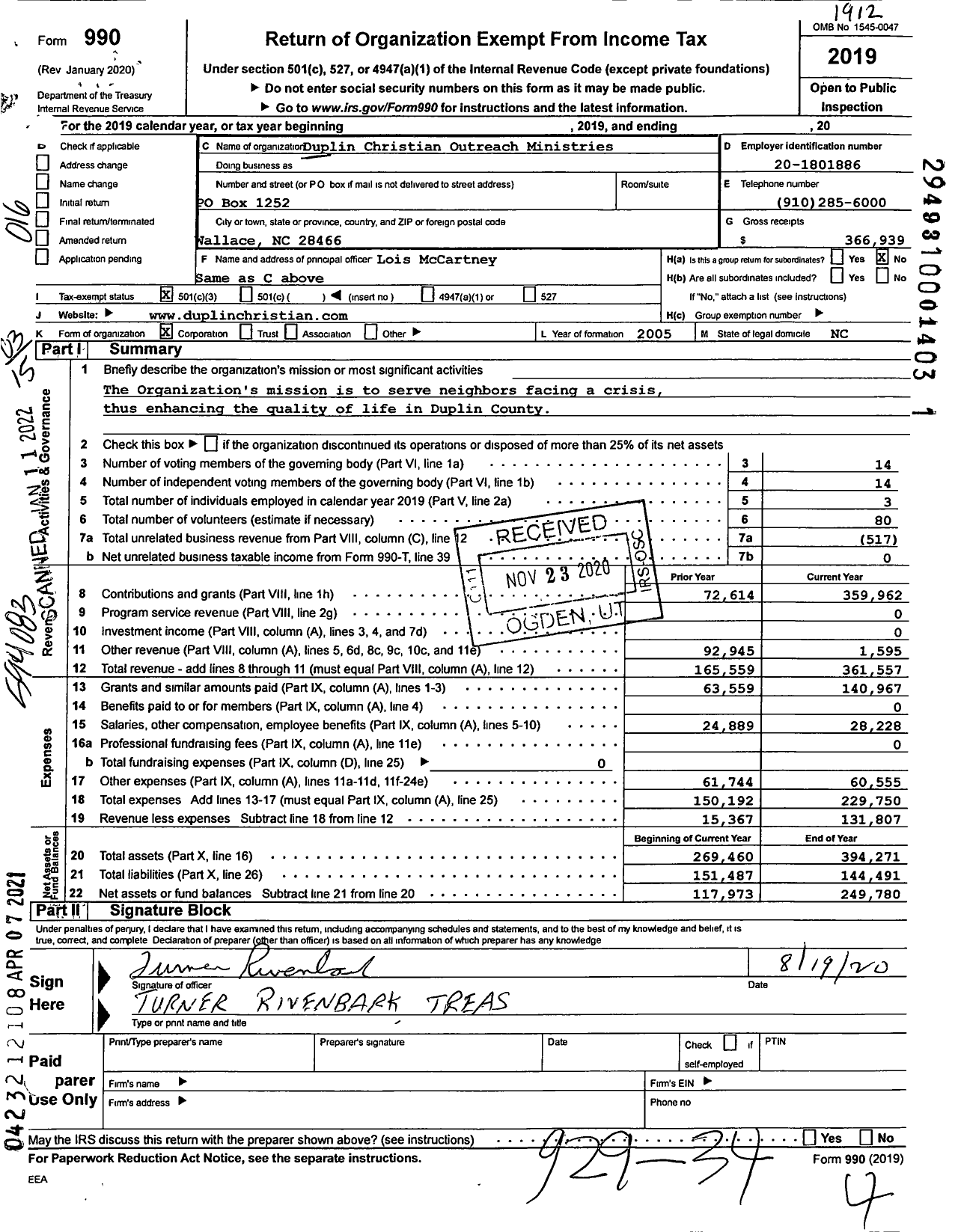 Image of first page of 2019 Form 990 for Duplin Christian Outreach Ministries