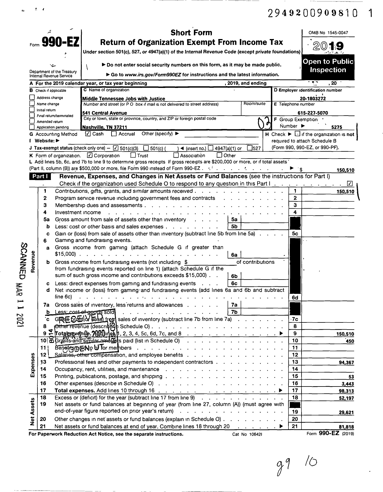 Image of first page of 2019 Form 990EZ for JOBS WITH JUSTICE EDUCATION FUND / Mid TN Jobs with Justice