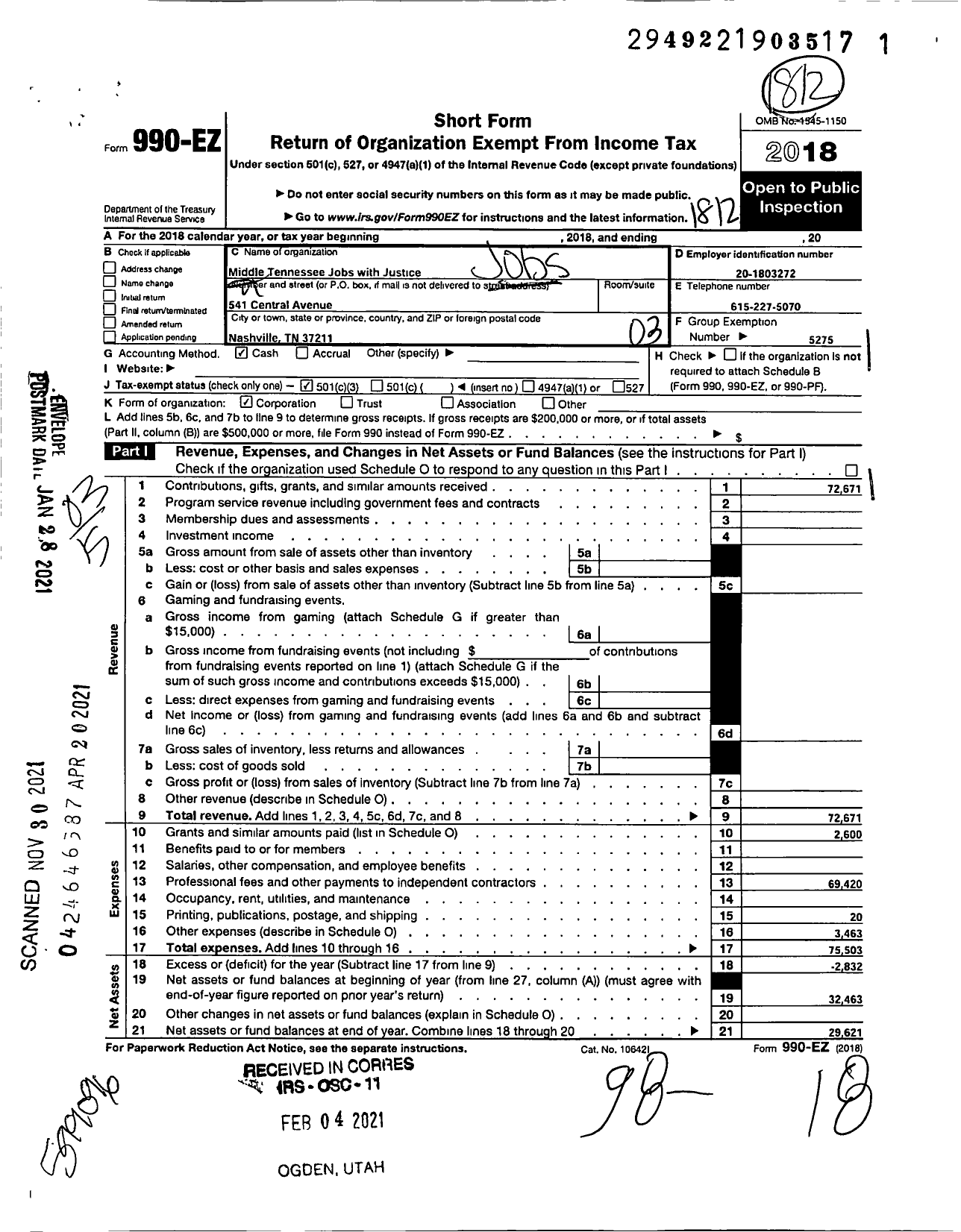 Image of first page of 2018 Form 990EZ for JOBS WITH JUSTICE EDUCATION FUND / Mid TN Jobs with Justice