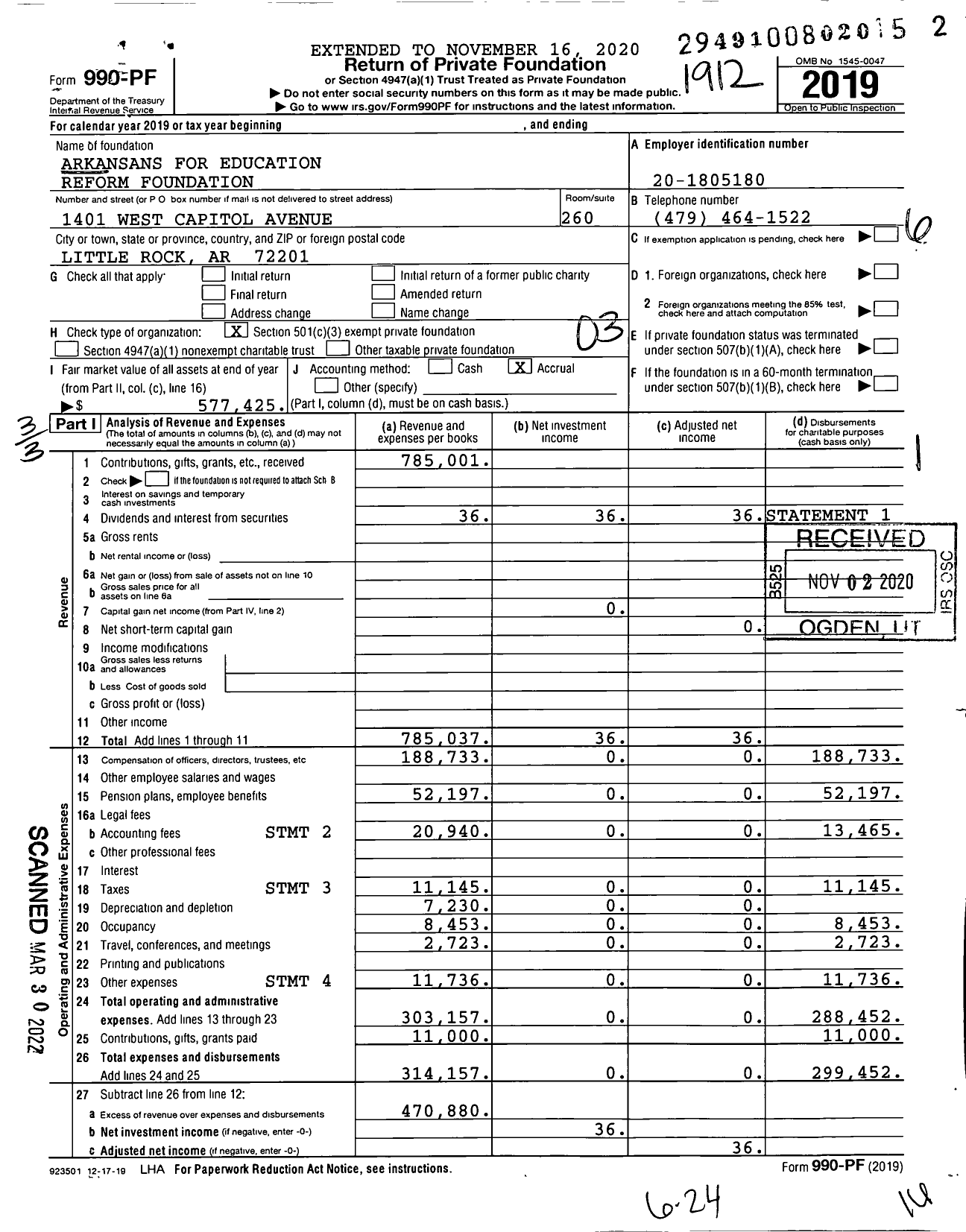 Image of first page of 2019 Form 990PF for Arkansans for Education Reform Foundation