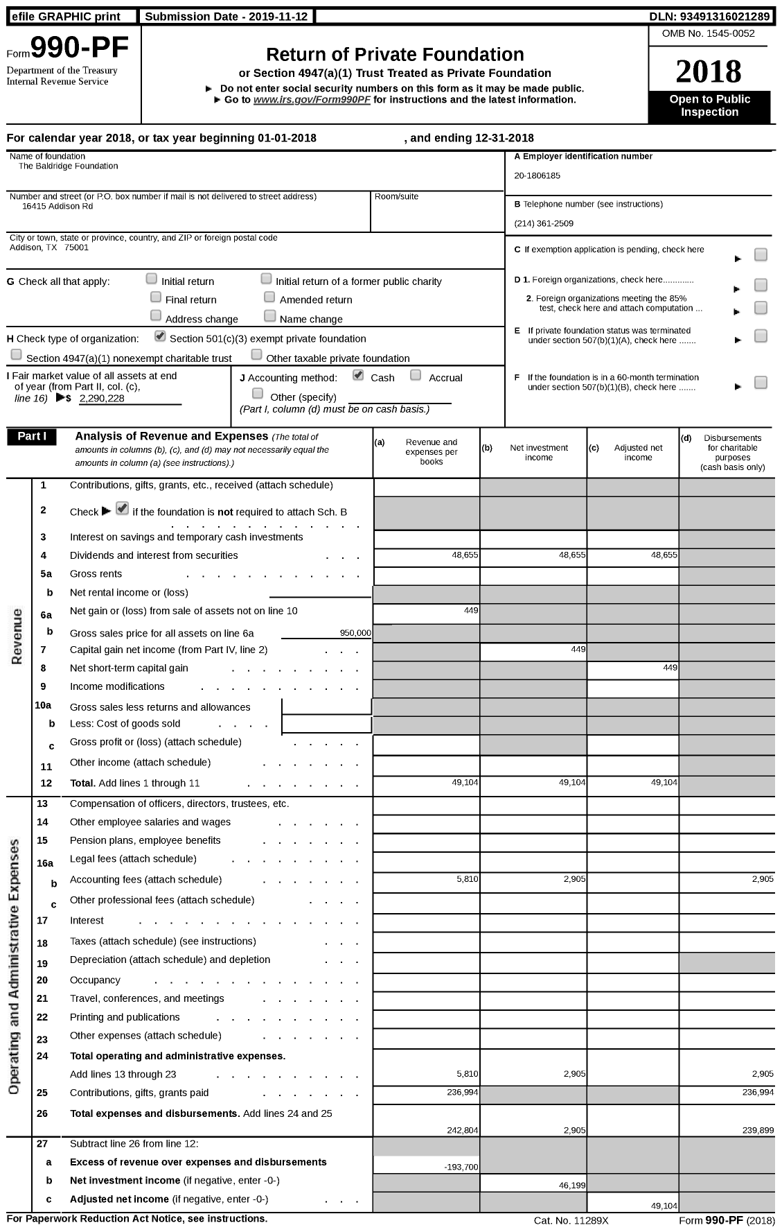 Image of first page of 2018 Form 990PF for The Baldridge Foundation