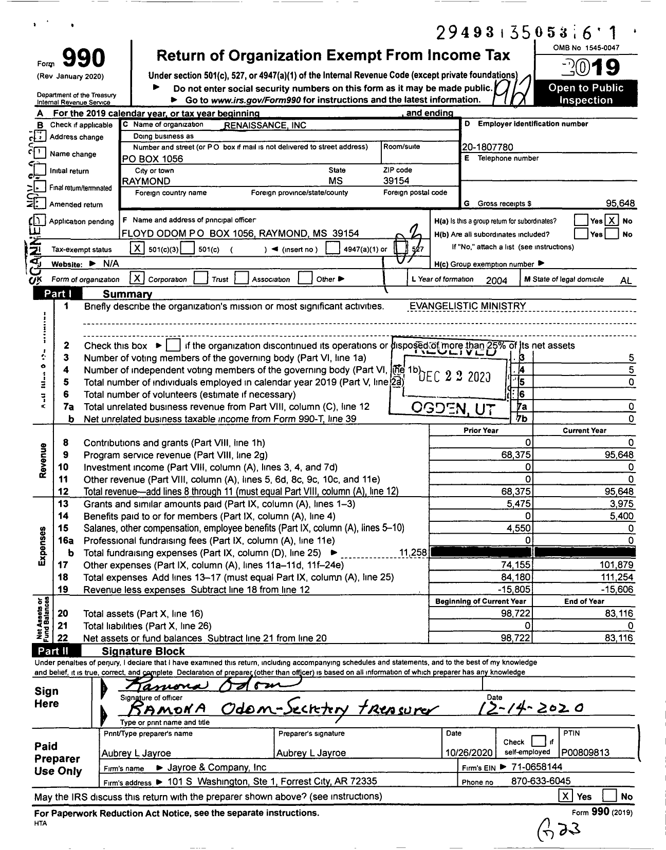 Image of first page of 2019 Form 990 for Renaissance