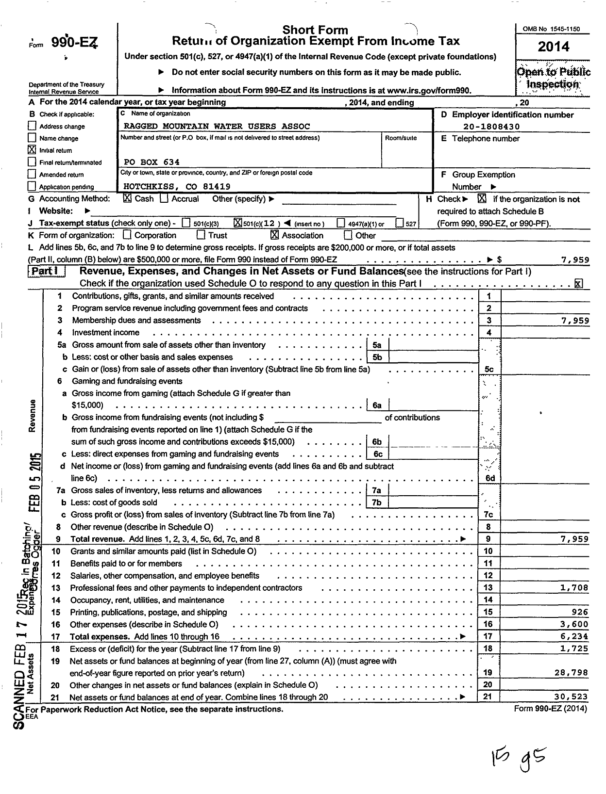 Image of first page of 2014 Form 990EO for Ragged Mountain Water Users Association