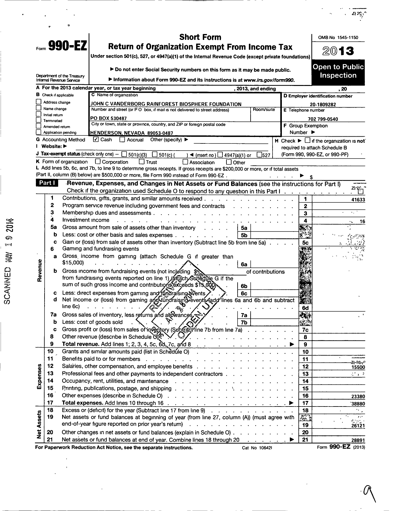 Image of first page of 2013 Form 990EO for John C Vanderburg Rainforest Biosphere Foundation