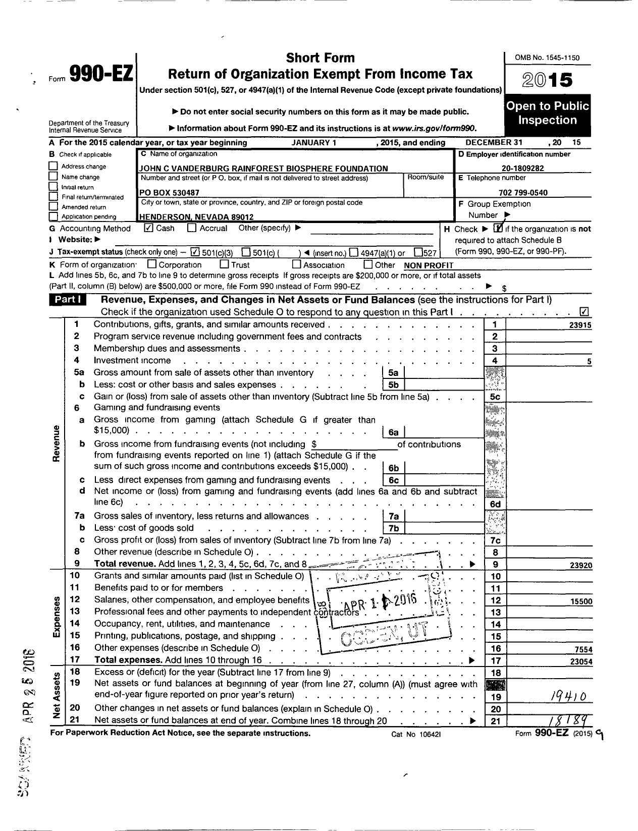 Image of first page of 2015 Form 990EZ for John C Vanderburg Rainforest Biosphere Foundation