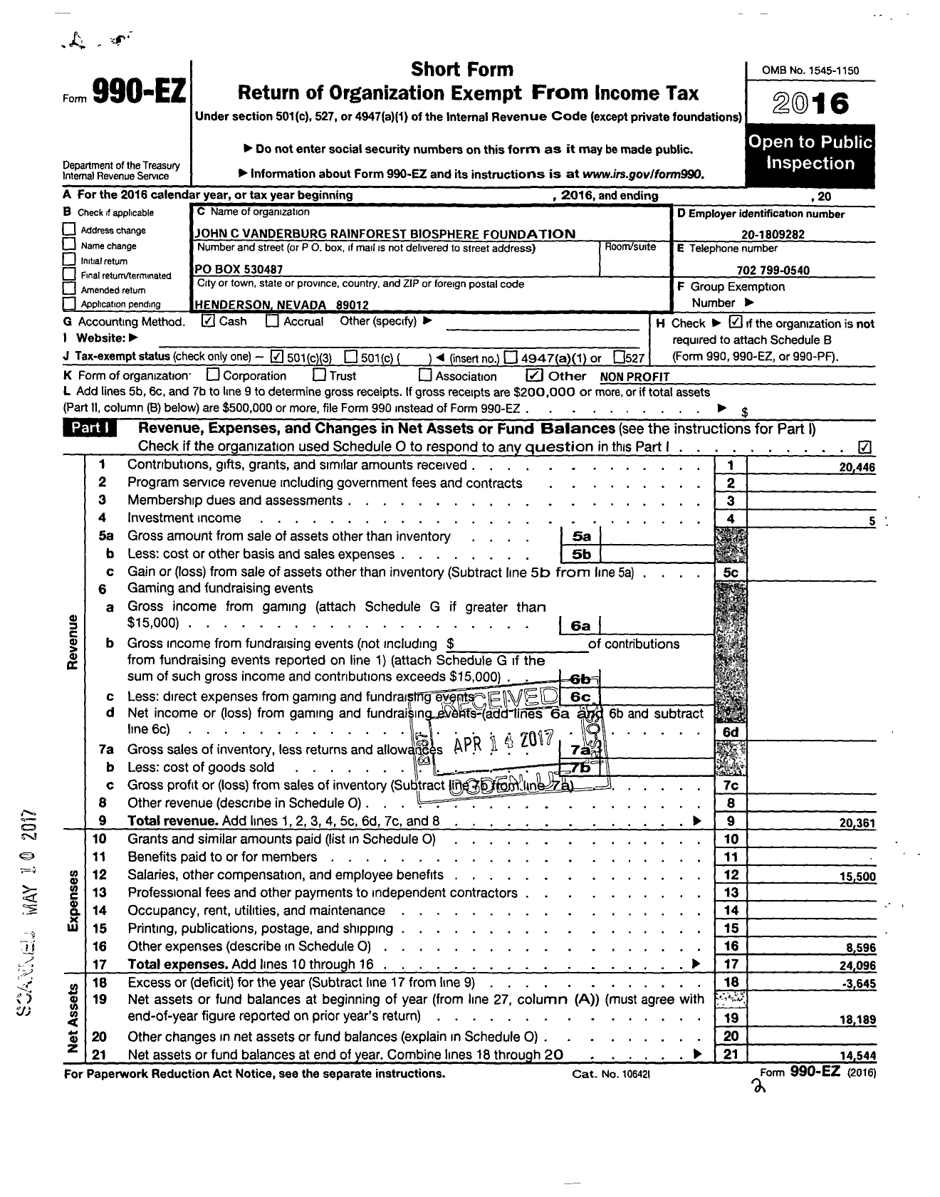 Image of first page of 2016 Form 990EZ for John C Vanderburg Rainforest Biosphere Foundation