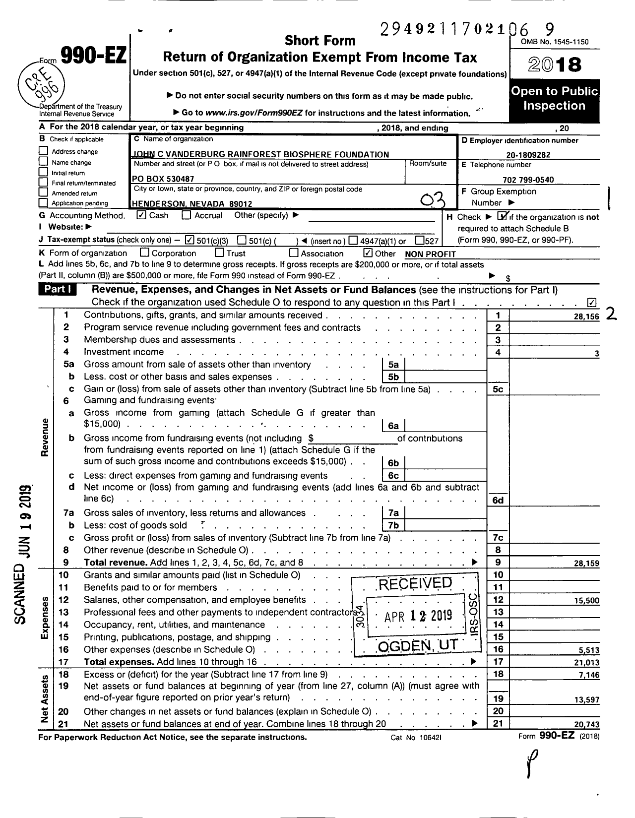 Image of first page of 2018 Form 990EZ for John C Vanderburg Rainforest Biosphere Foundation