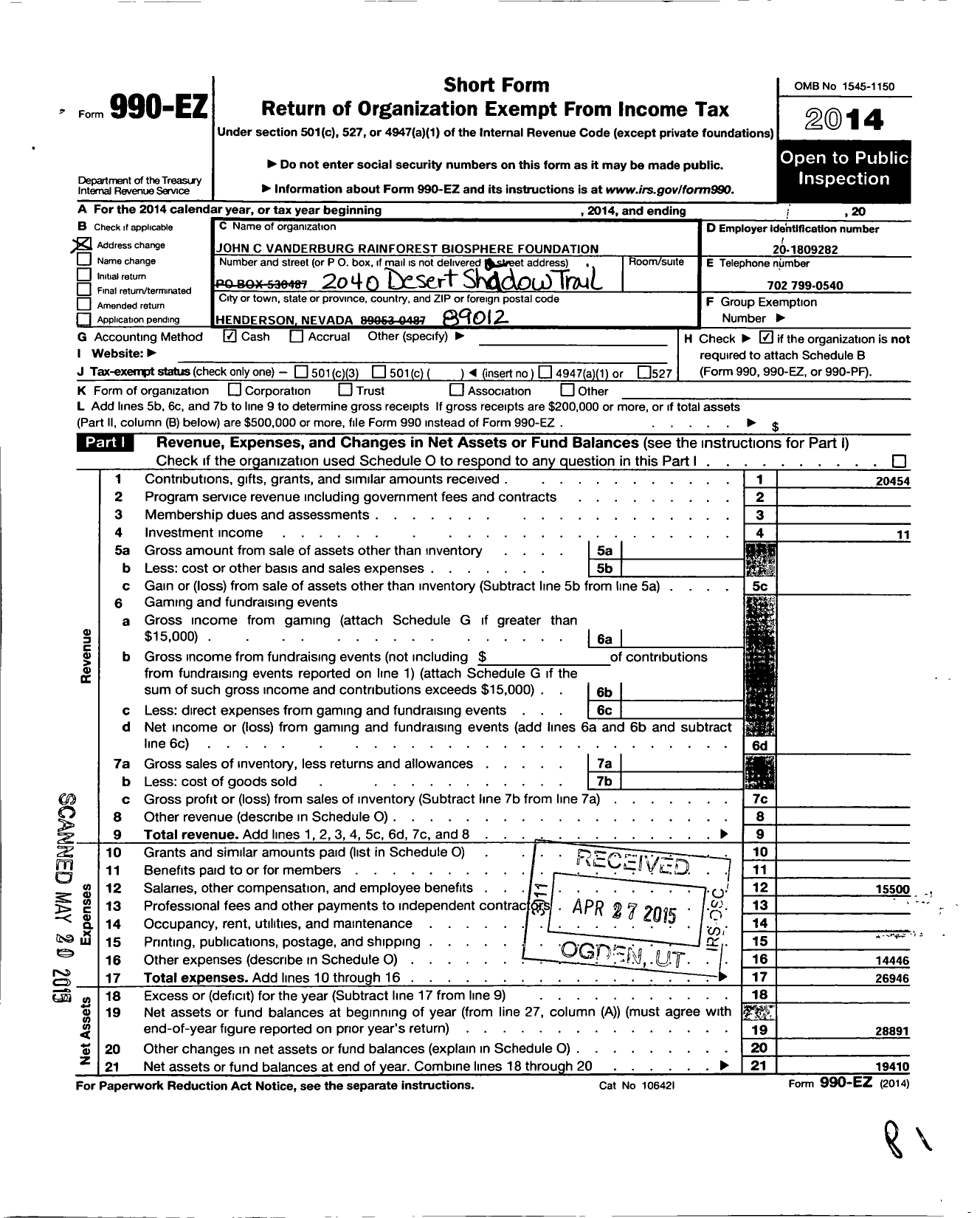 Image of first page of 2014 Form 990EO for John C Vanderburg Rainforest Biosphere Foundation