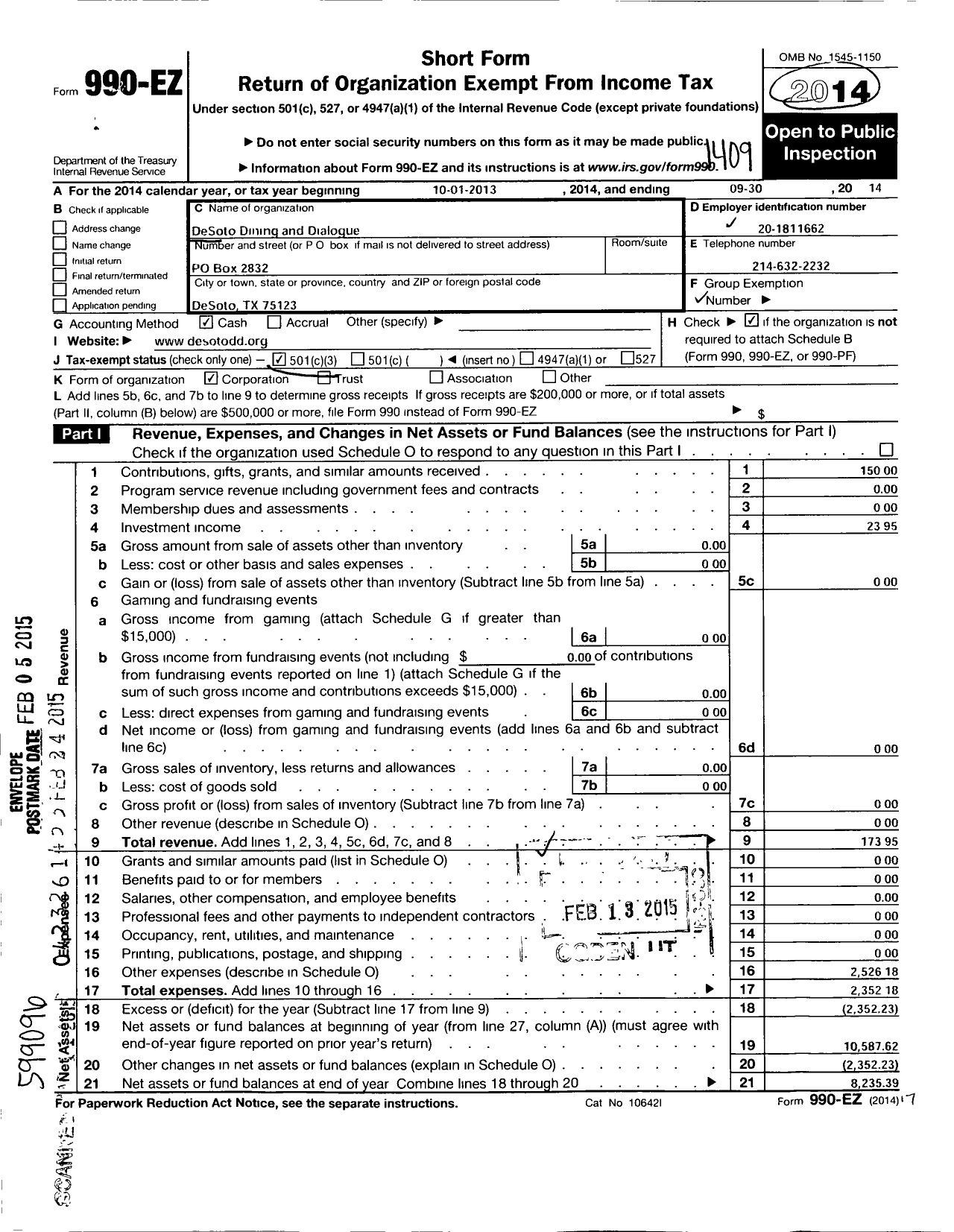 Image of first page of 2013 Form 990EZ for Desoto Dining and Dialogue