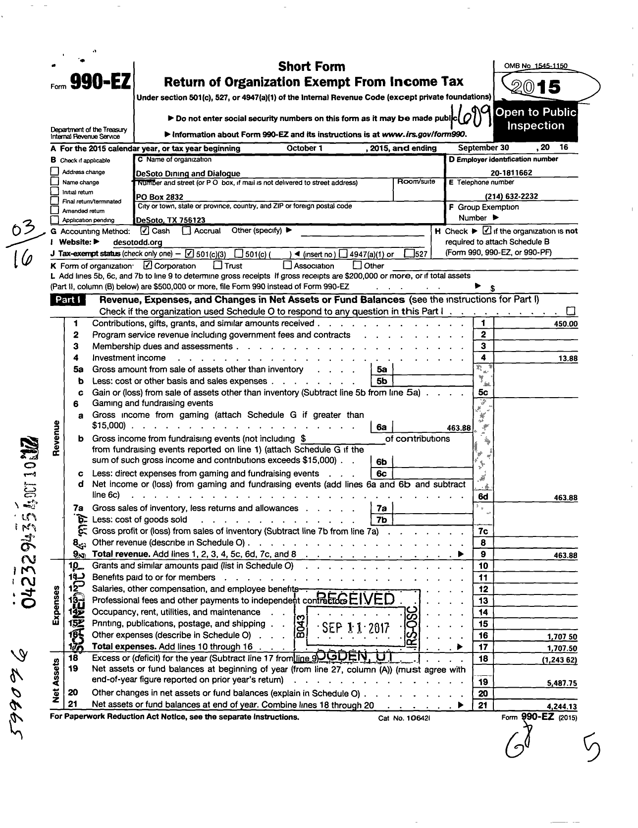 Image of first page of 2015 Form 990EZ for Desoto Dining and Dialogue