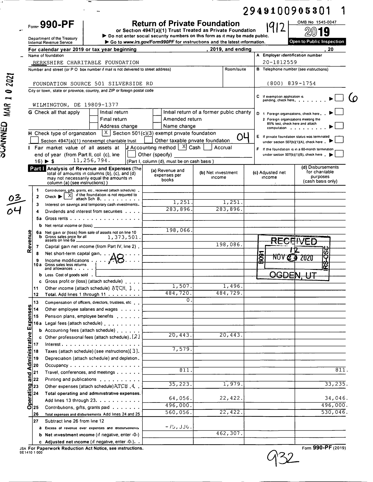 Image of first page of 2019 Form 990PF for Berkshire Charitable Foundation