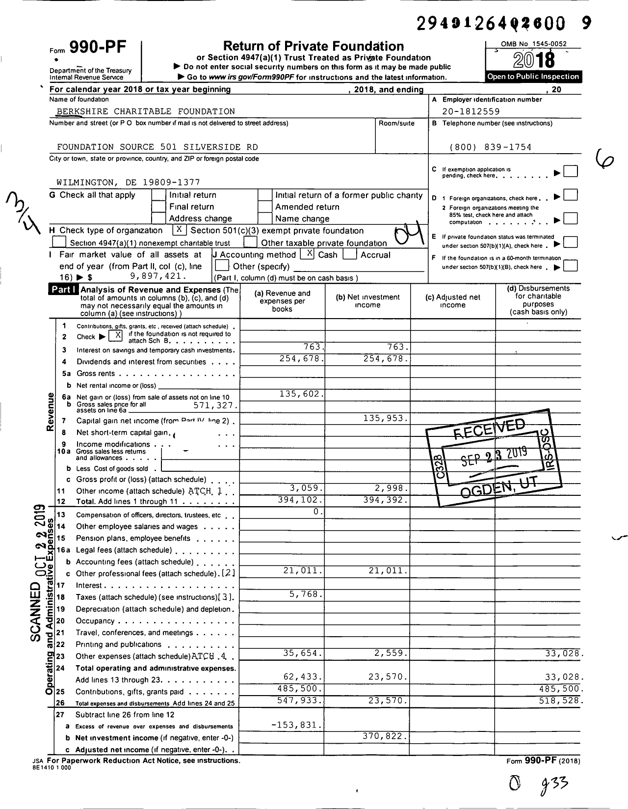 Image of first page of 2018 Form 990PF for Berkshire Charitable Foundation