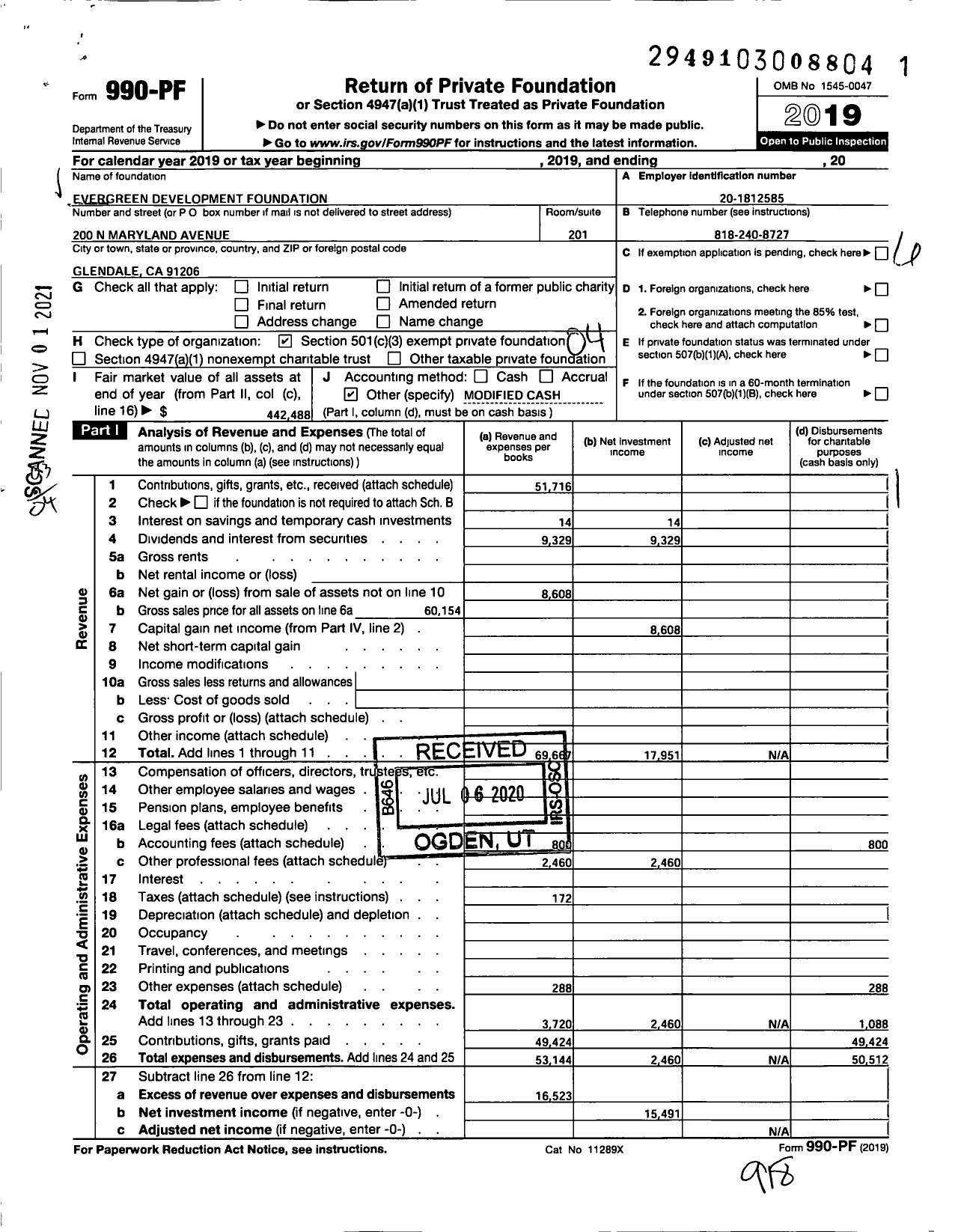 Image of first page of 2019 Form 990PF for Evergreen Development Foundation