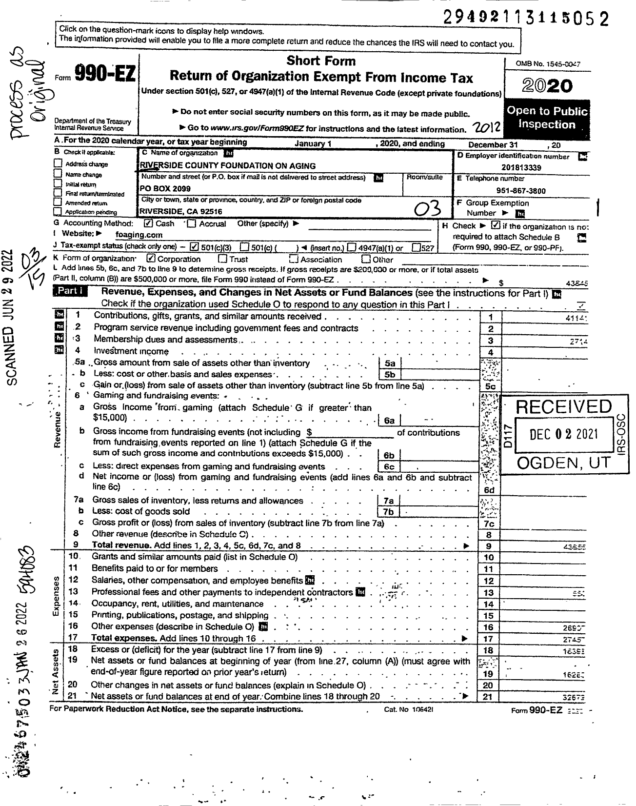 Image of first page of 2020 Form 990EZ for Riverside County Foundation on Aging