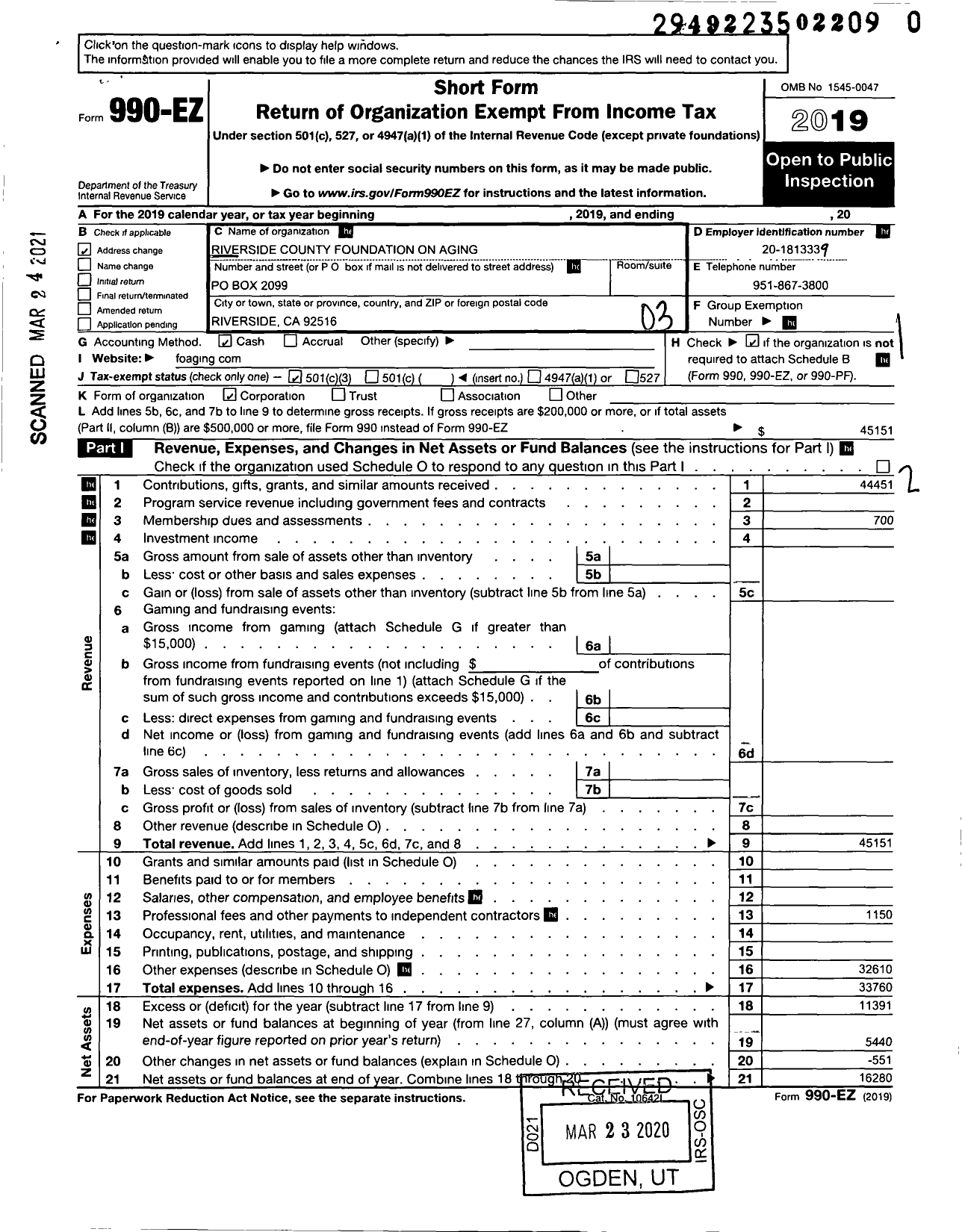 Image of first page of 2019 Form 990EZ for Riverside County Foundation on Aging