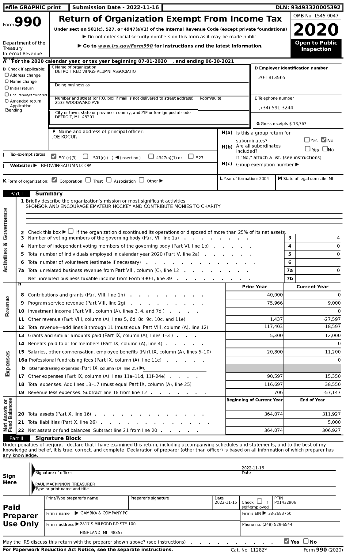 Image of first page of 2020 Form 990 for Detroit Red Wings Alumni Associationinc