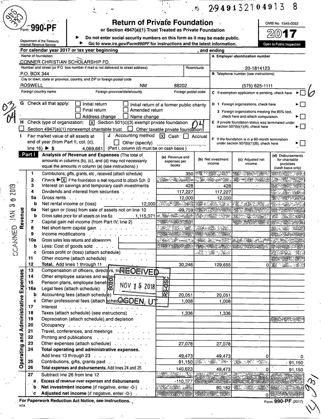 Image of first page of 2017 Form 990PF for Conner Christian Scholarship Fund