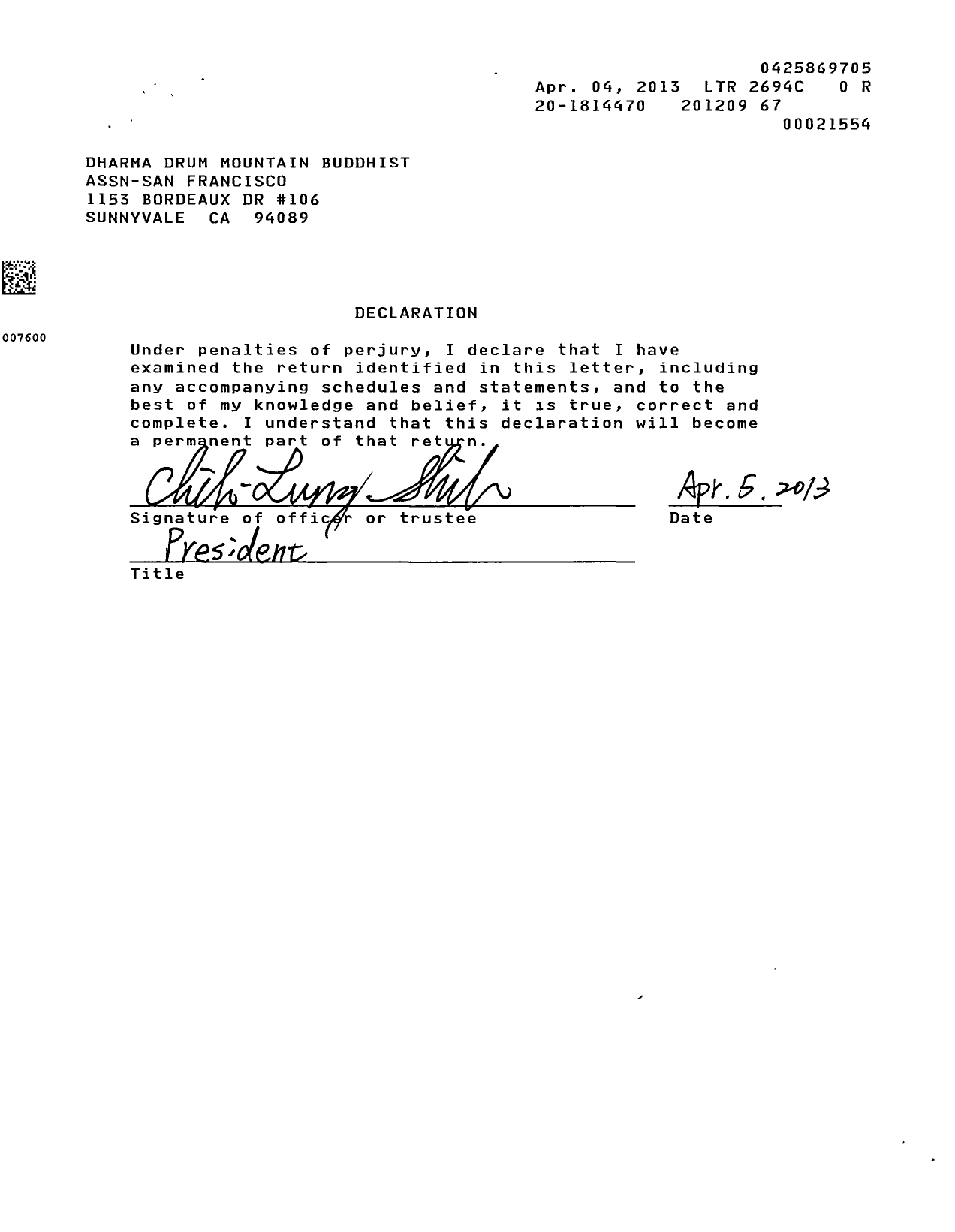 Image of first page of 2011 Form 990R for Dharma Drum Mountain Buddhist Association San Francisco