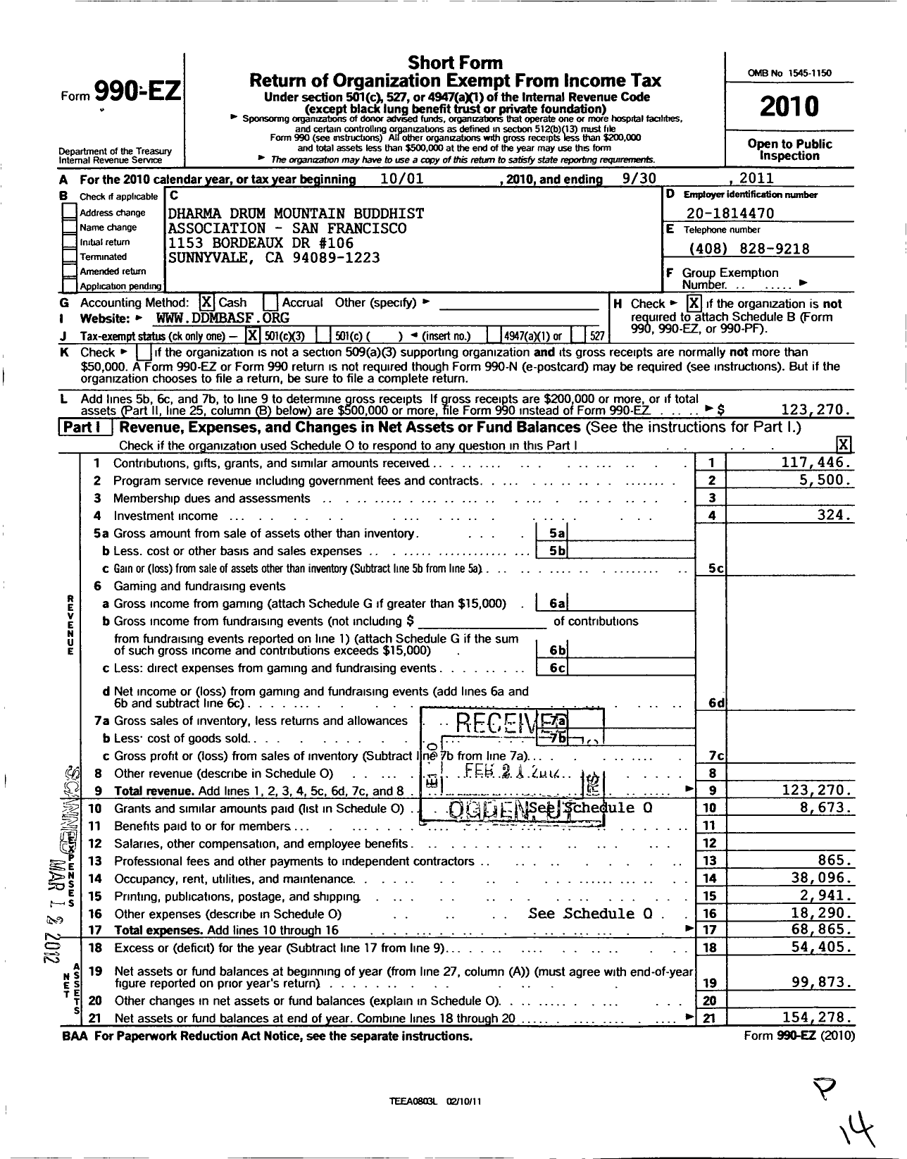 Image of first page of 2010 Form 990EZ for Dharma Drum Mountain Buddhist Association San Francisco