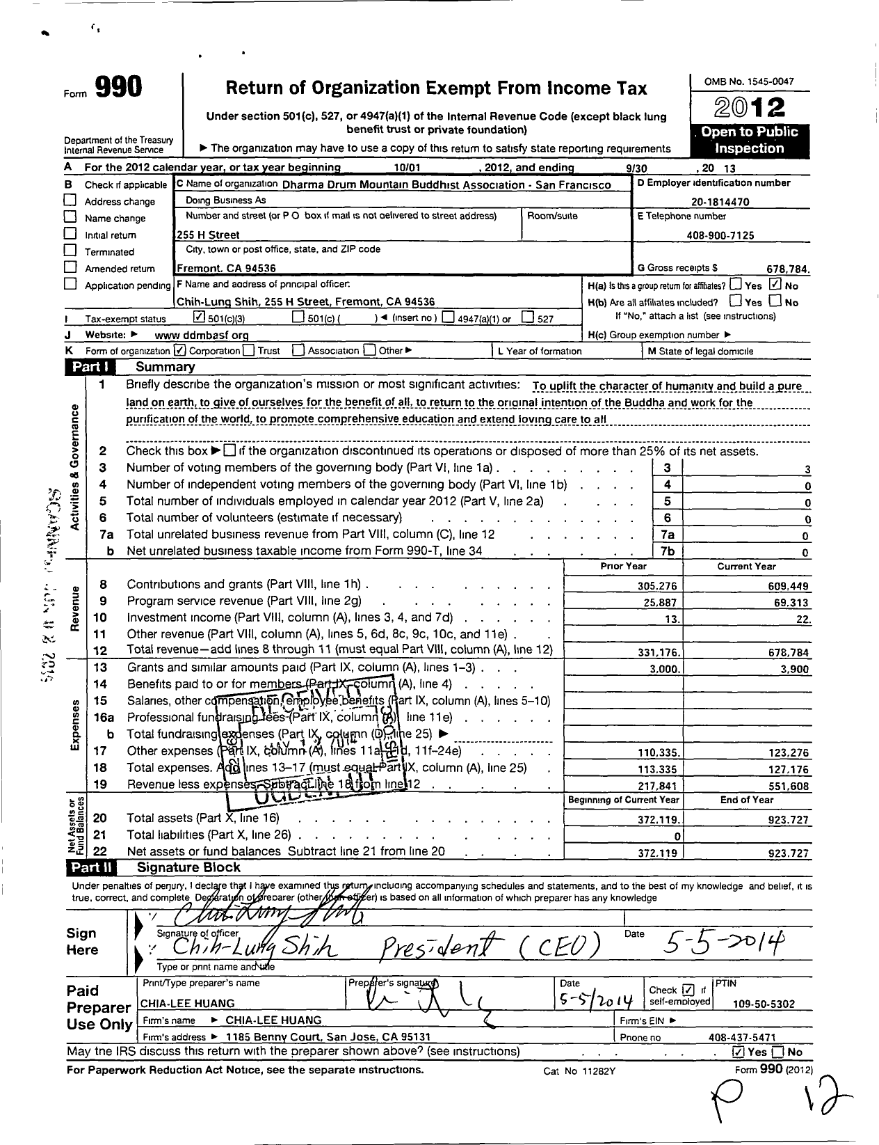 Image of first page of 2012 Form 990 for Dharma Drum Mountain Buddhist Association San Francisco