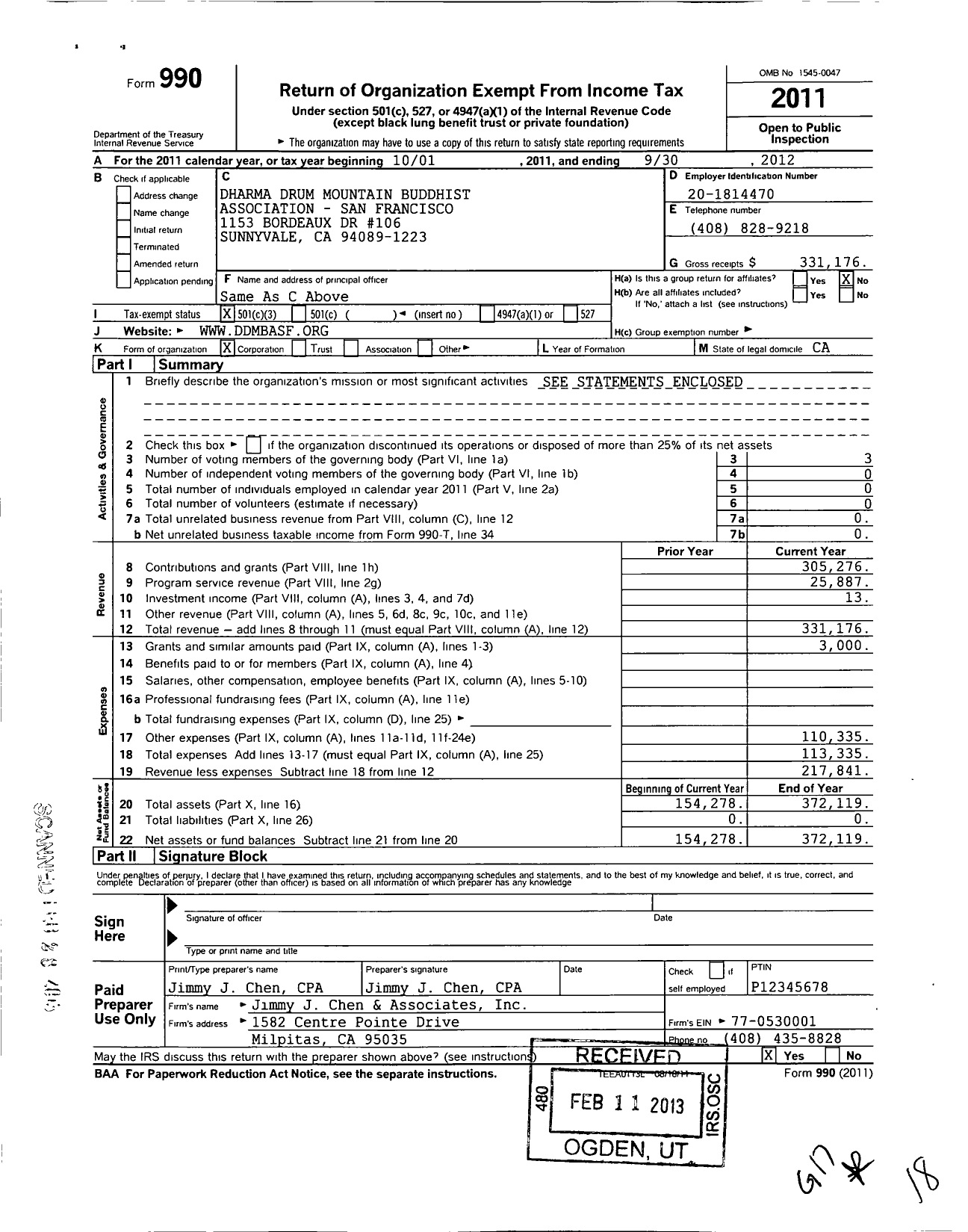 Image of first page of 2011 Form 990 for Dharma Drum Mountain Buddhist Association San Francisco