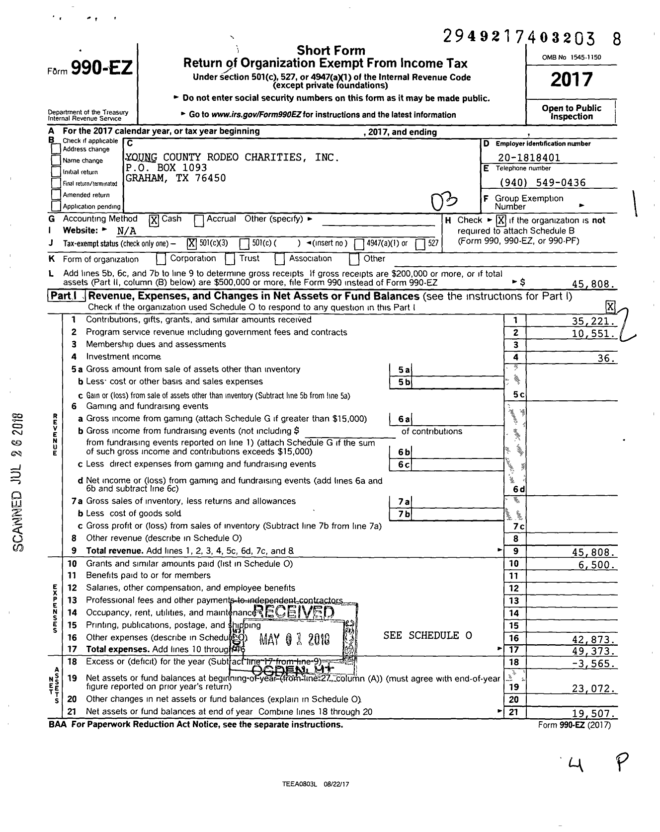 Image of first page of 2017 Form 990EZ for Young County Rodeo Charities