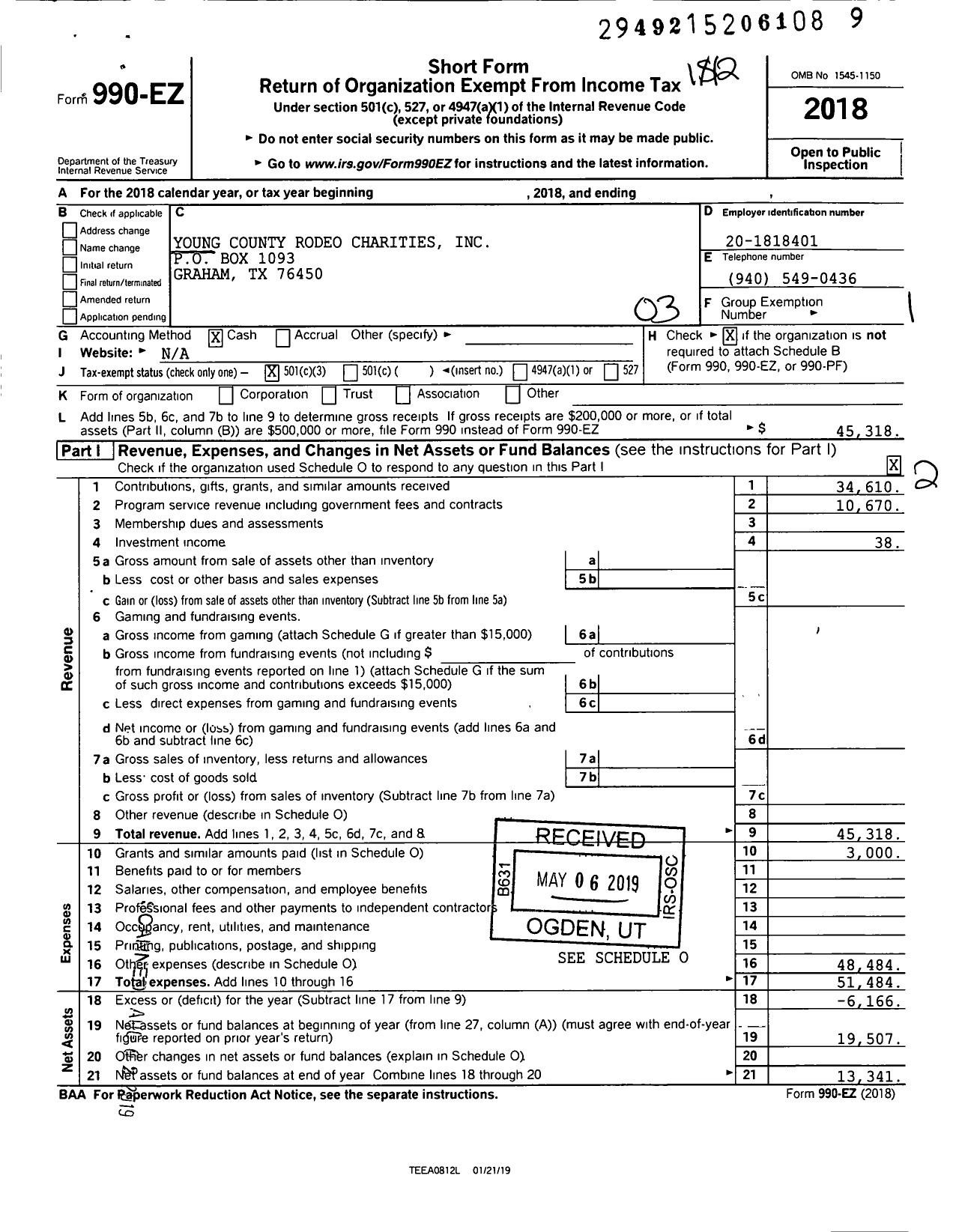 Image of first page of 2018 Form 990EZ for Young County Rodeo Charities